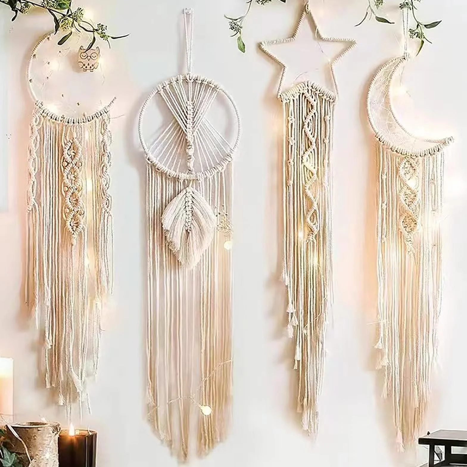 Bohème Chic Attrape-rêves Soleil Lune Étoile Macramé Décoration Murale Tissé pour Chambre de Fille