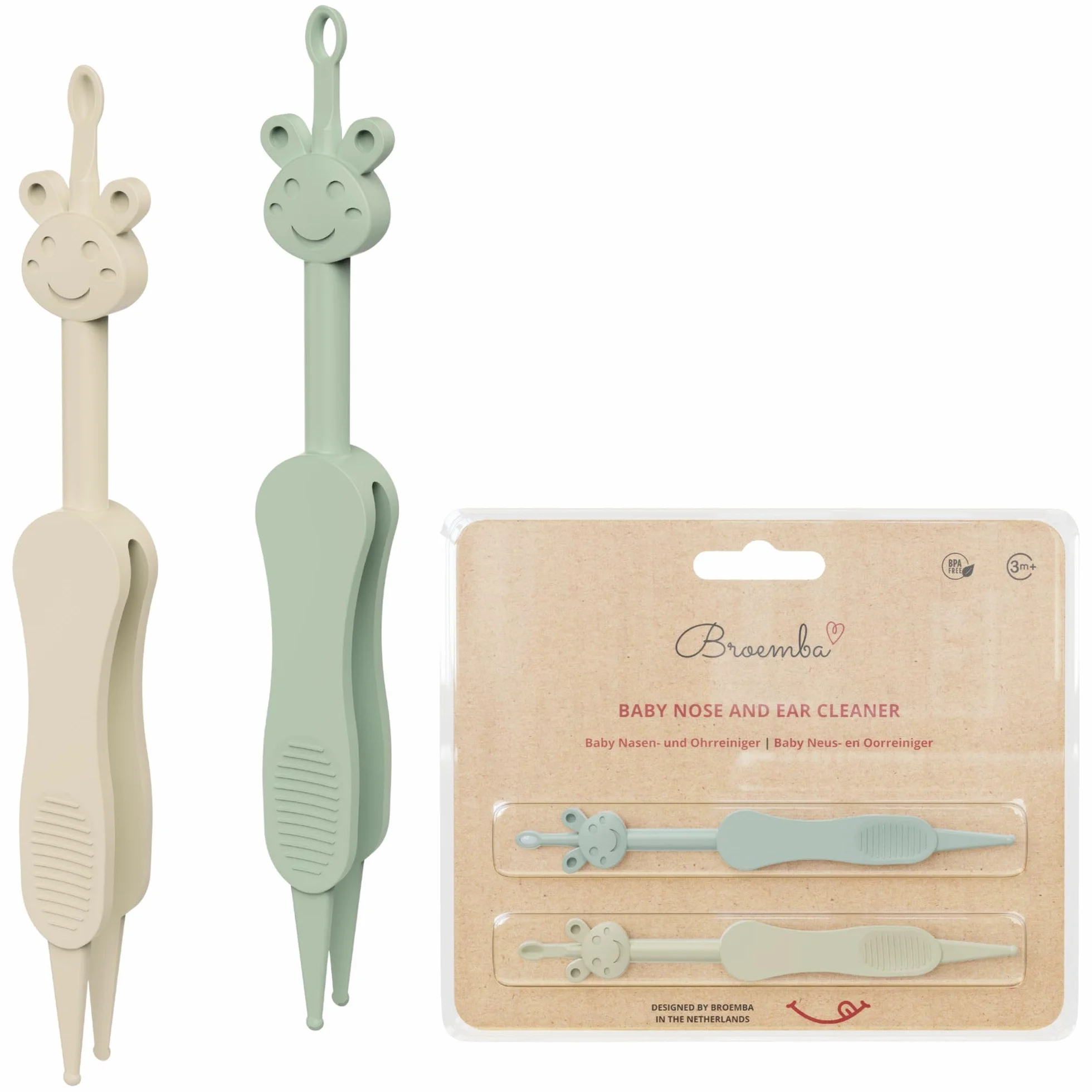 Nettoyeur de nez et d'oreilles bébé 3-en-1 avec pince, sans BPA, Vert/Beige