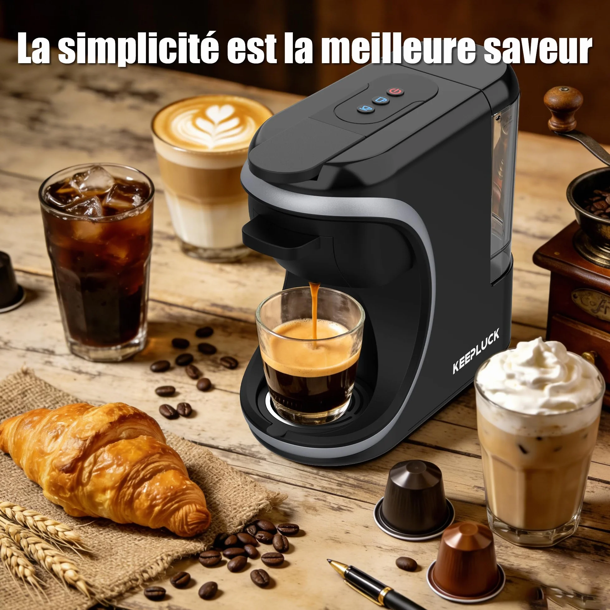 Machine à café à capsules 3 en 1 pour Nespres*o Original/D*lce G*sto/poudre, deux quantités d'eau, design compact, réservoir d'eau amovible de 600 ml (ST-551)
