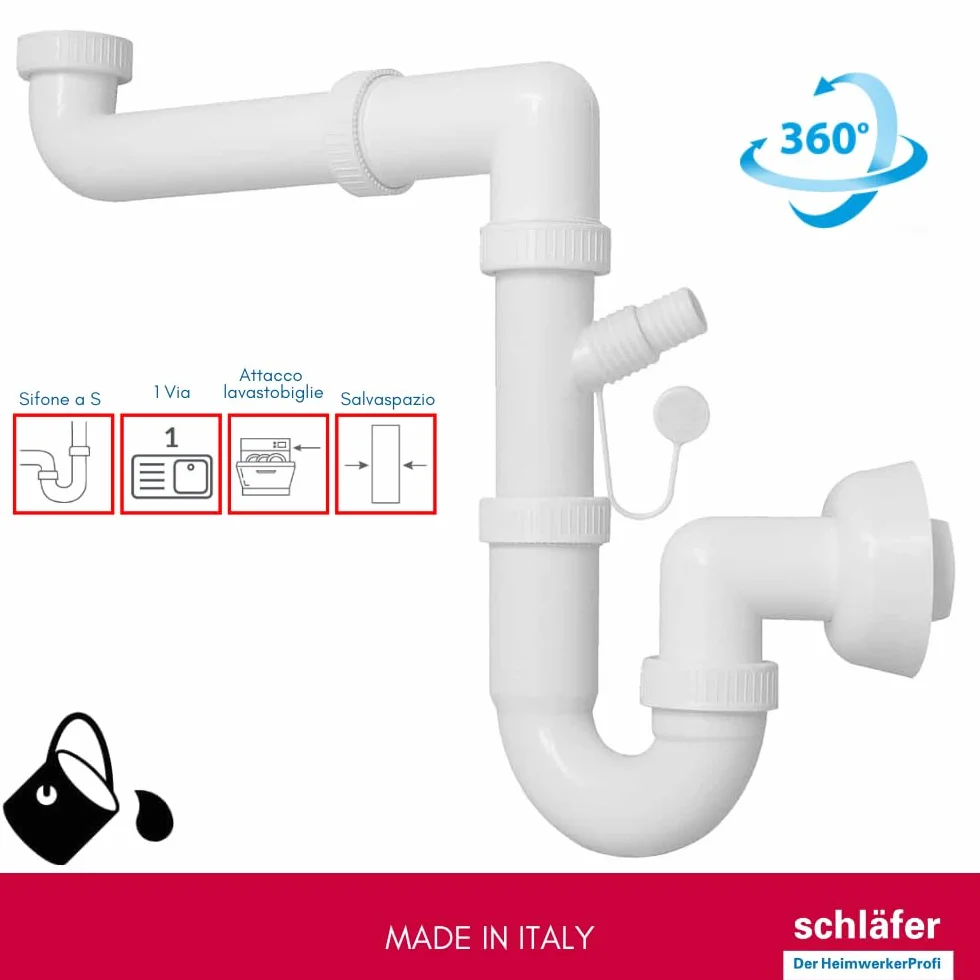Siphon universel 1"1/2 pour éviers, sortie 40 mm, set siphon en S plastique, autonettoyant avec fixation lave-vaisselle