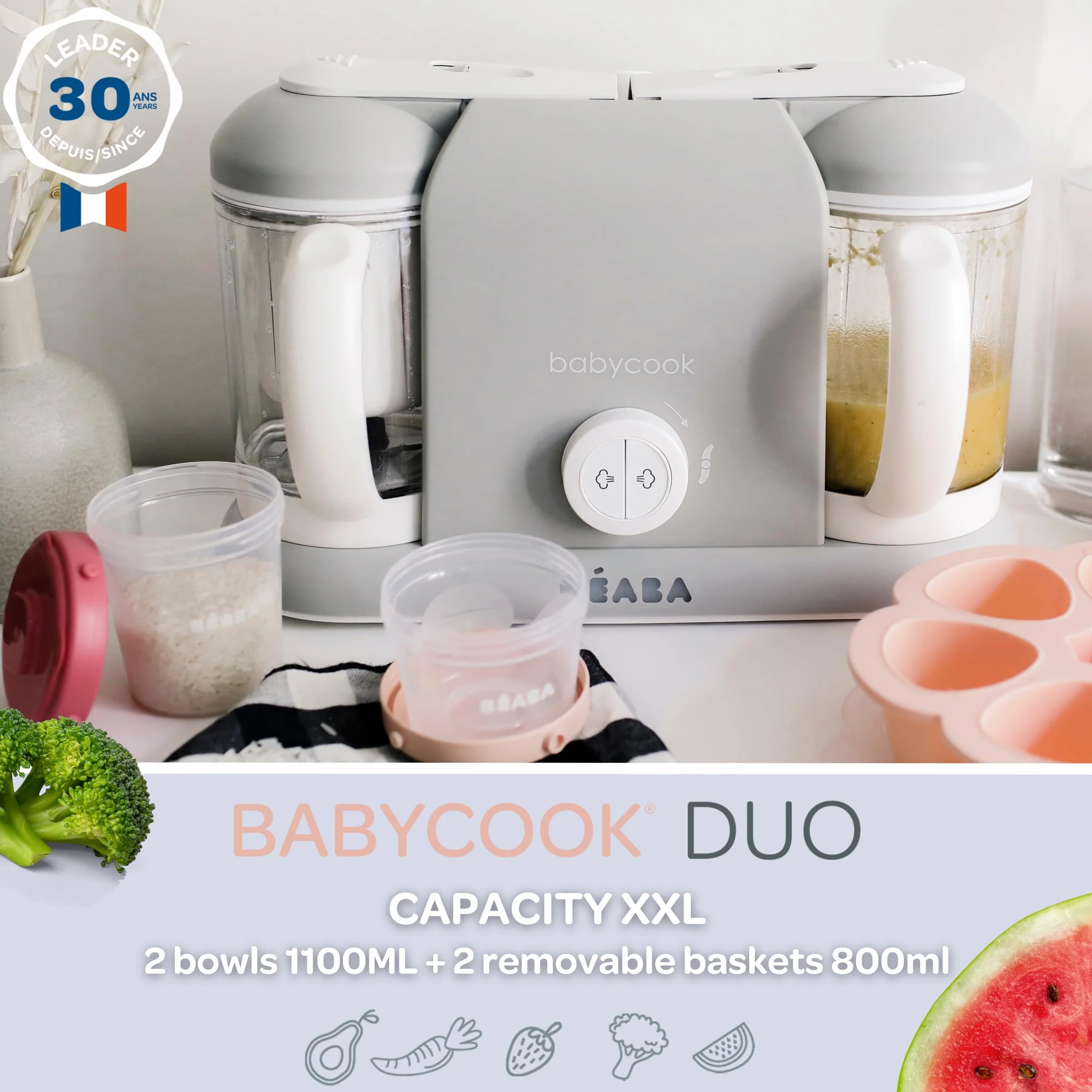 Béaba Babycook Duo Baby Food Maker 4 in 1 Food Processor Blender Cooker Soft Steamer 2 x 1100ml Grey