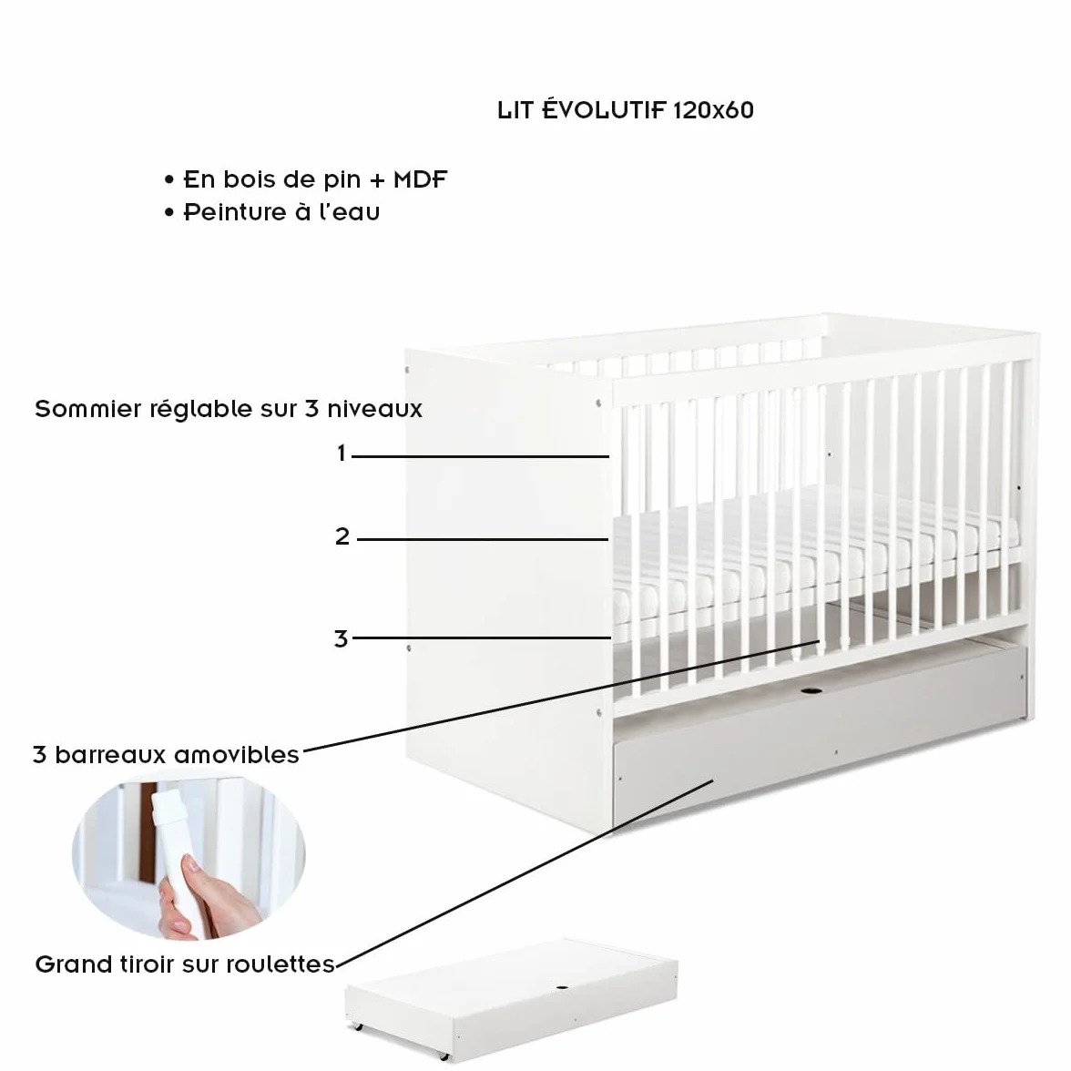 Mon Mobilier Design Dalia Ensemble Commode à Langer Lit Bébé Évolutif Blanc 120x60