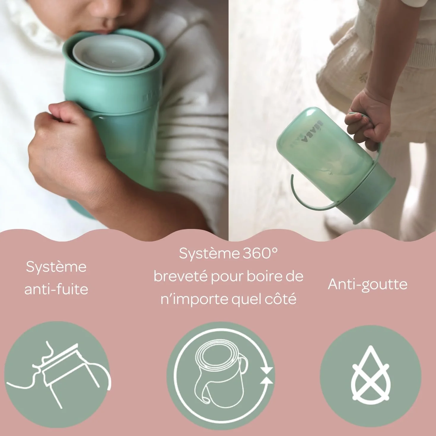 BÉABA Tasse d'Apprentissage 360° Anti-Goutte 340 ml Vert Sauge