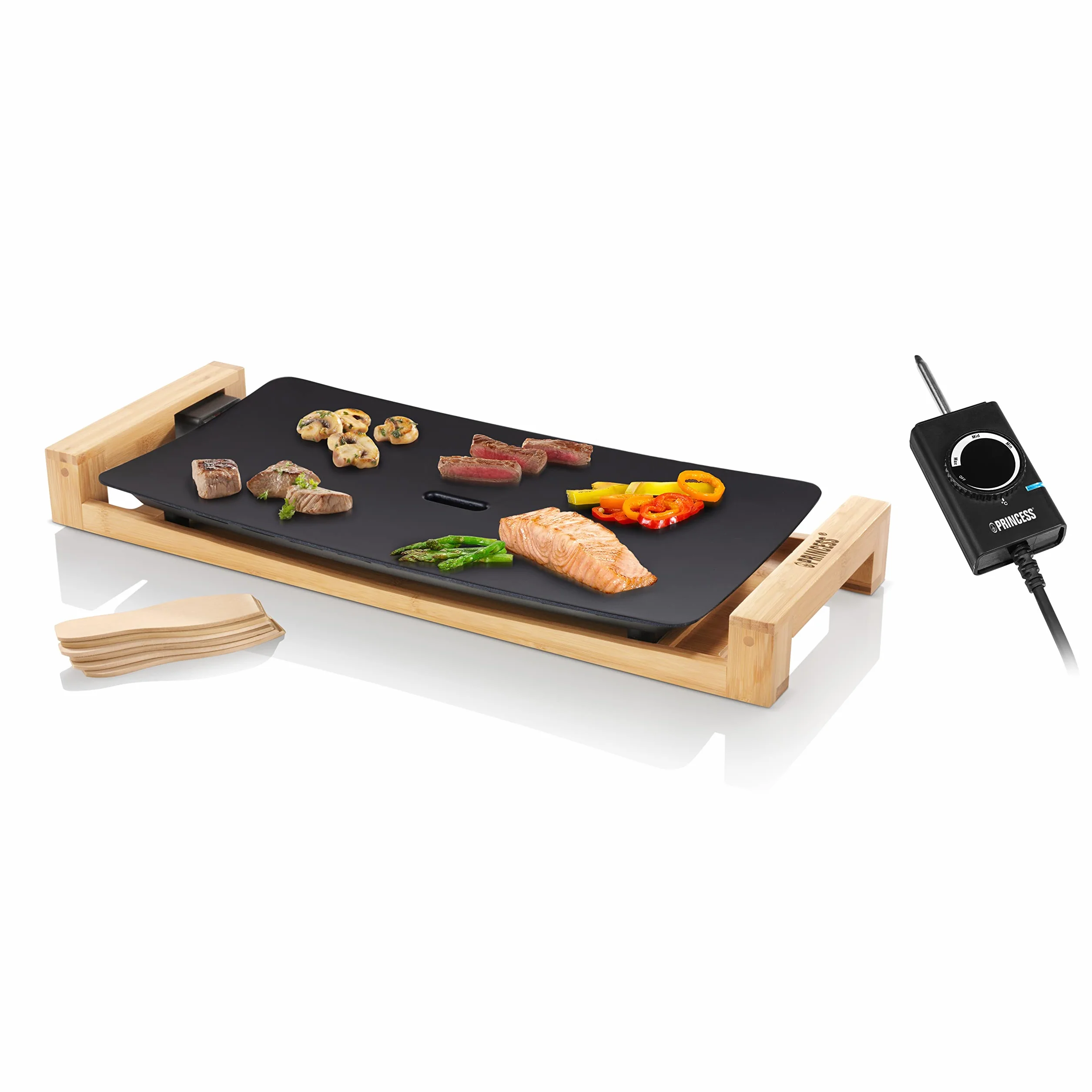 Princess Plancha Pure - Surface de cuisson 50 x 25 cm - Pour 6 personnes - Thermostat réglable et finitions en bambou 103026