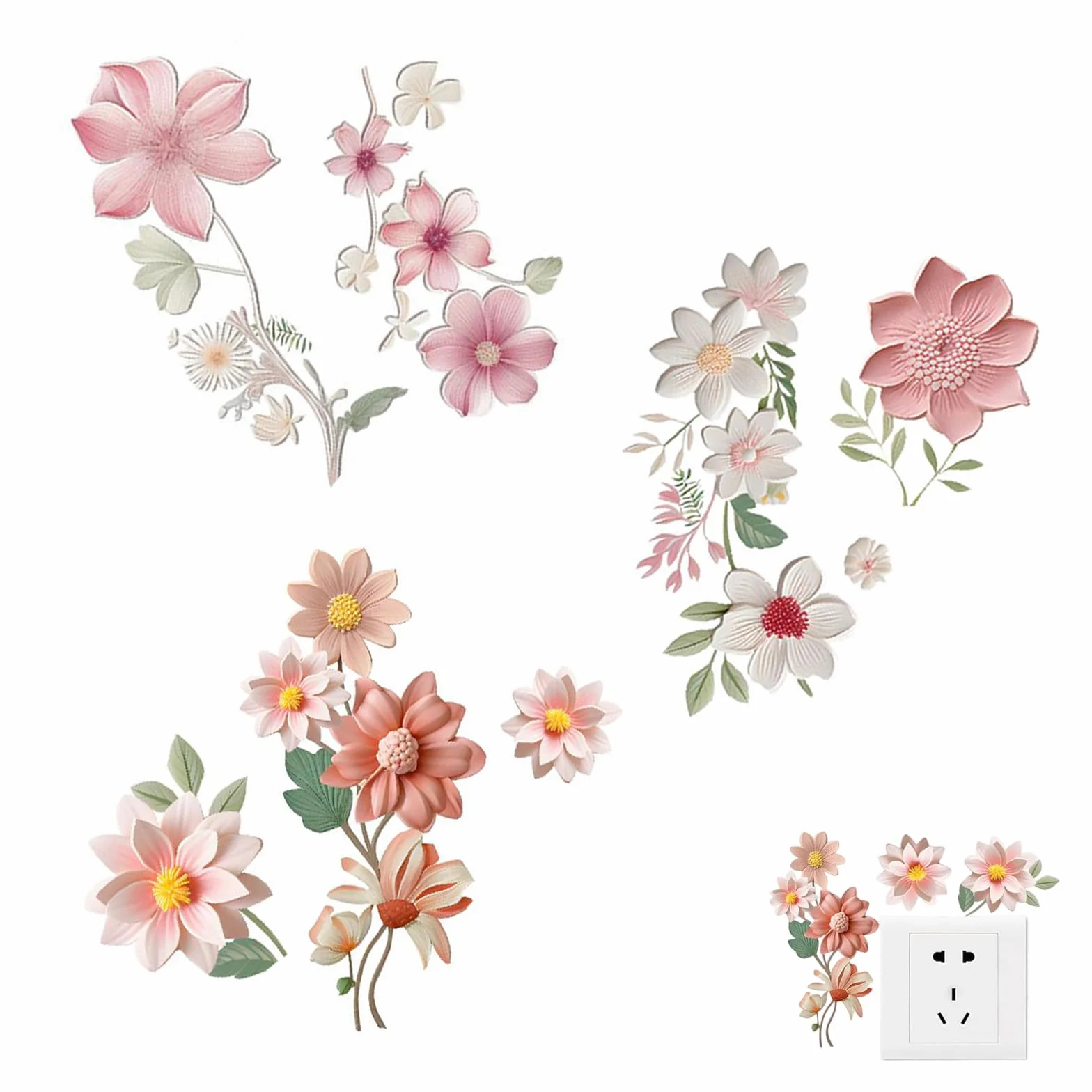 Autocollant Floral PVC Décoration Murale Interrupteur Décoratif 3 Pièces