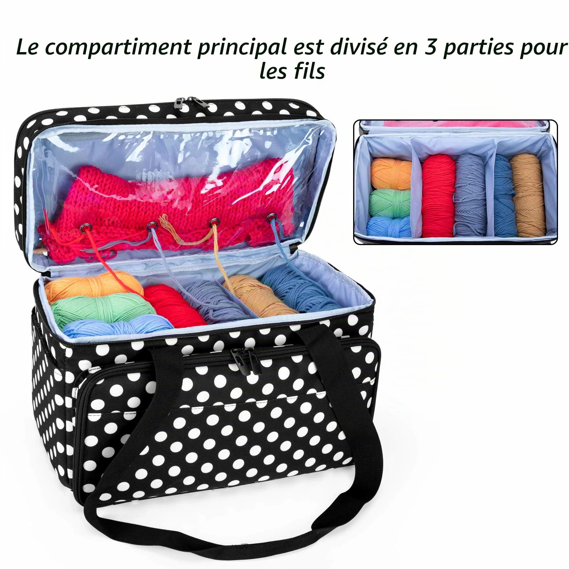 CURMIO Sac à Tricot Double Couche, Rangement pour Laine Crochets, Pois | Plusieurs Élastiques & Compartiments, 4 Œillets, Bandoulière, pour Aiguilles à Tricoter & Projets de Tricot, Sac Uniquement