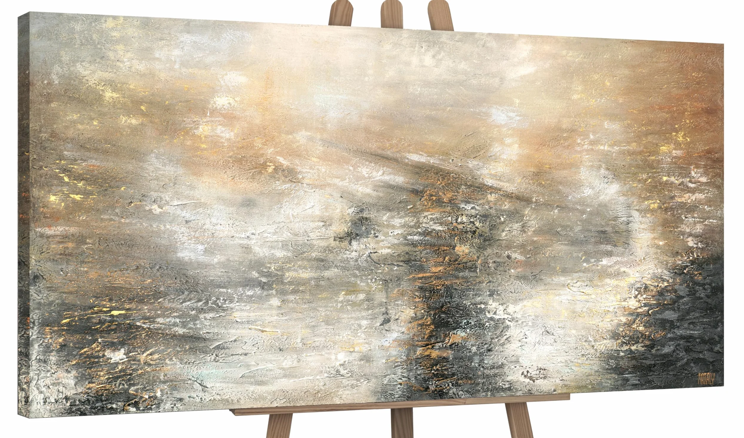 Tableau art abstrait moderne tons gris et noirs avec or 140x70 cm