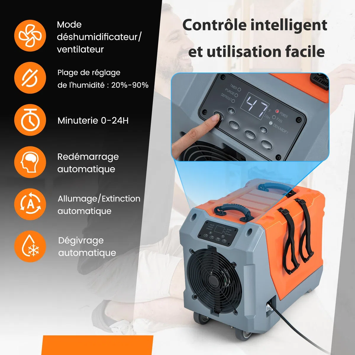 COSTWAY Déshumidificateur Commercial 85L/Jour avec Pompe 2 Roues (Orange)