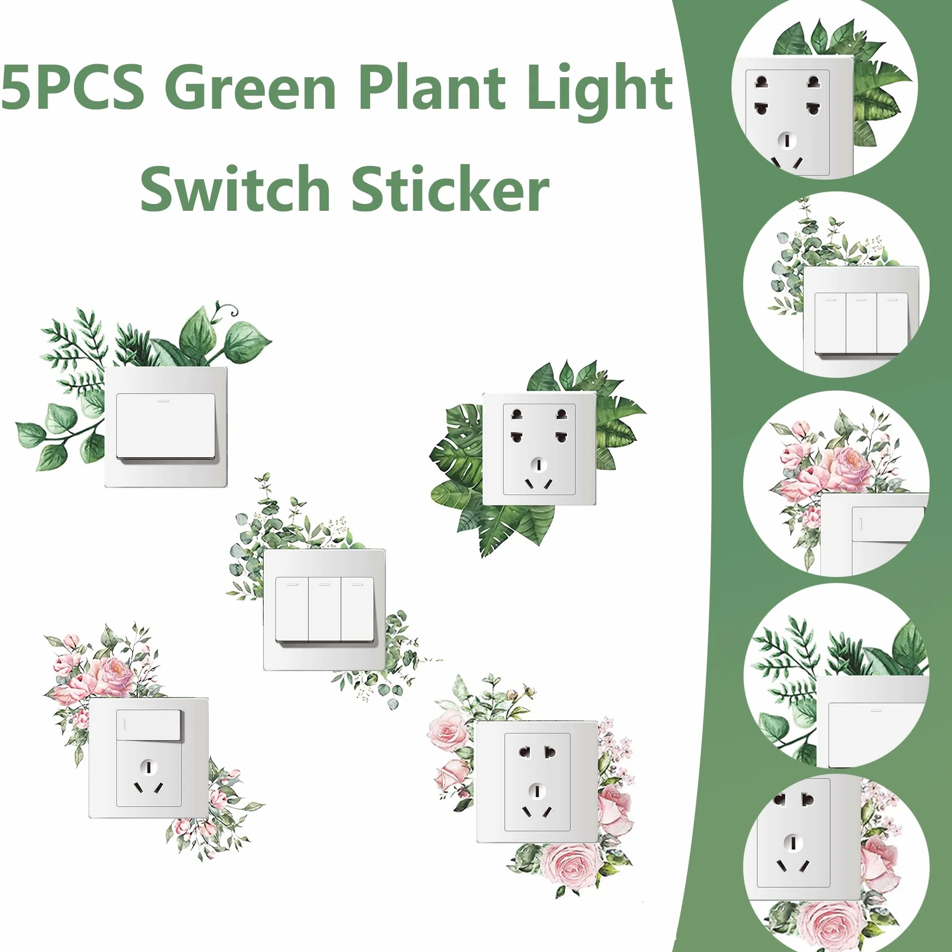 TINGWEN 5 Pièces Autocollant Interrupteur Mural Stickers PVC Green Plant Décoratif pour Salon Chambre