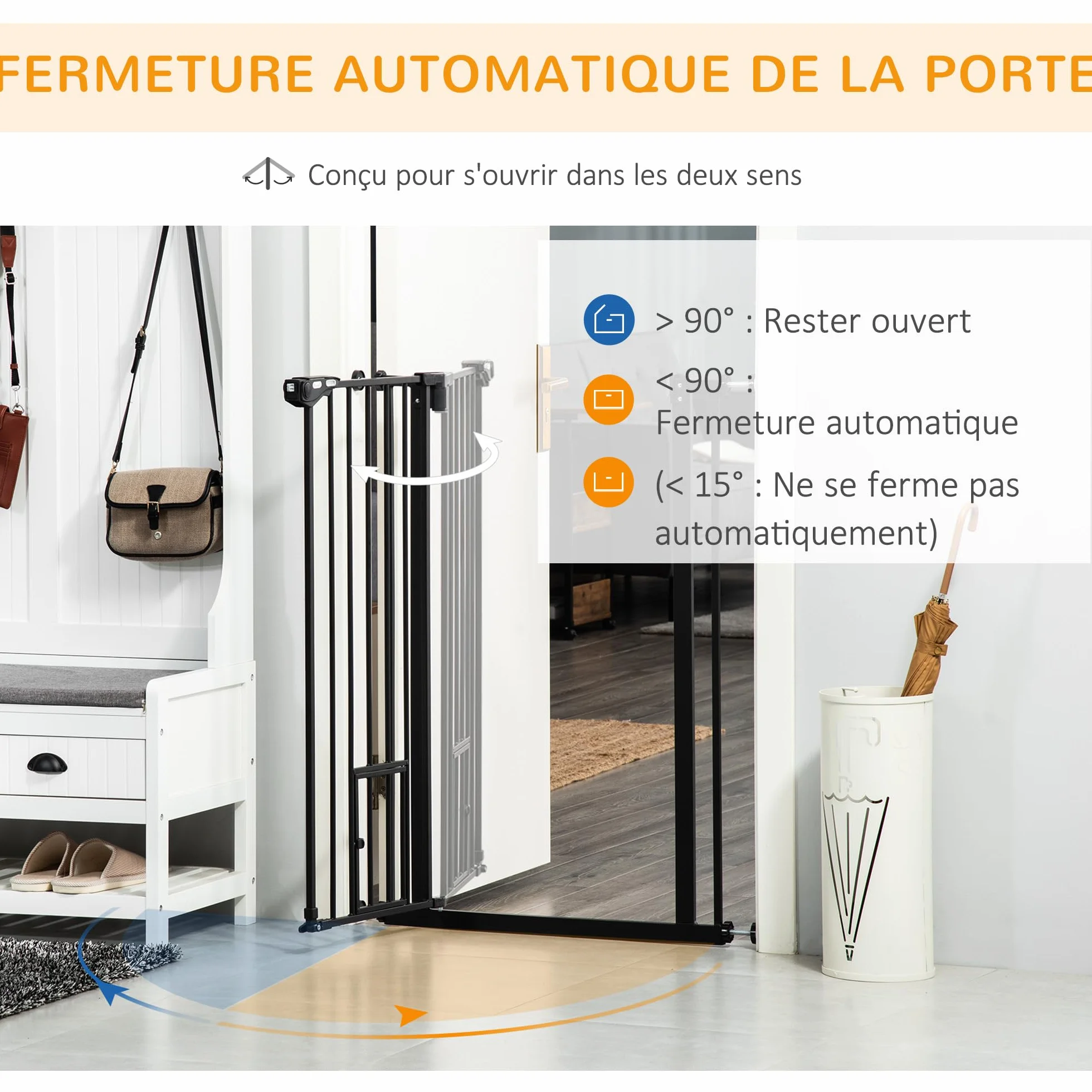 PawHut Barrière de sécurité Animaux 104 cm Haute avec Porte Chat Fermeture Automatique Double Verrouillage Acier Noir