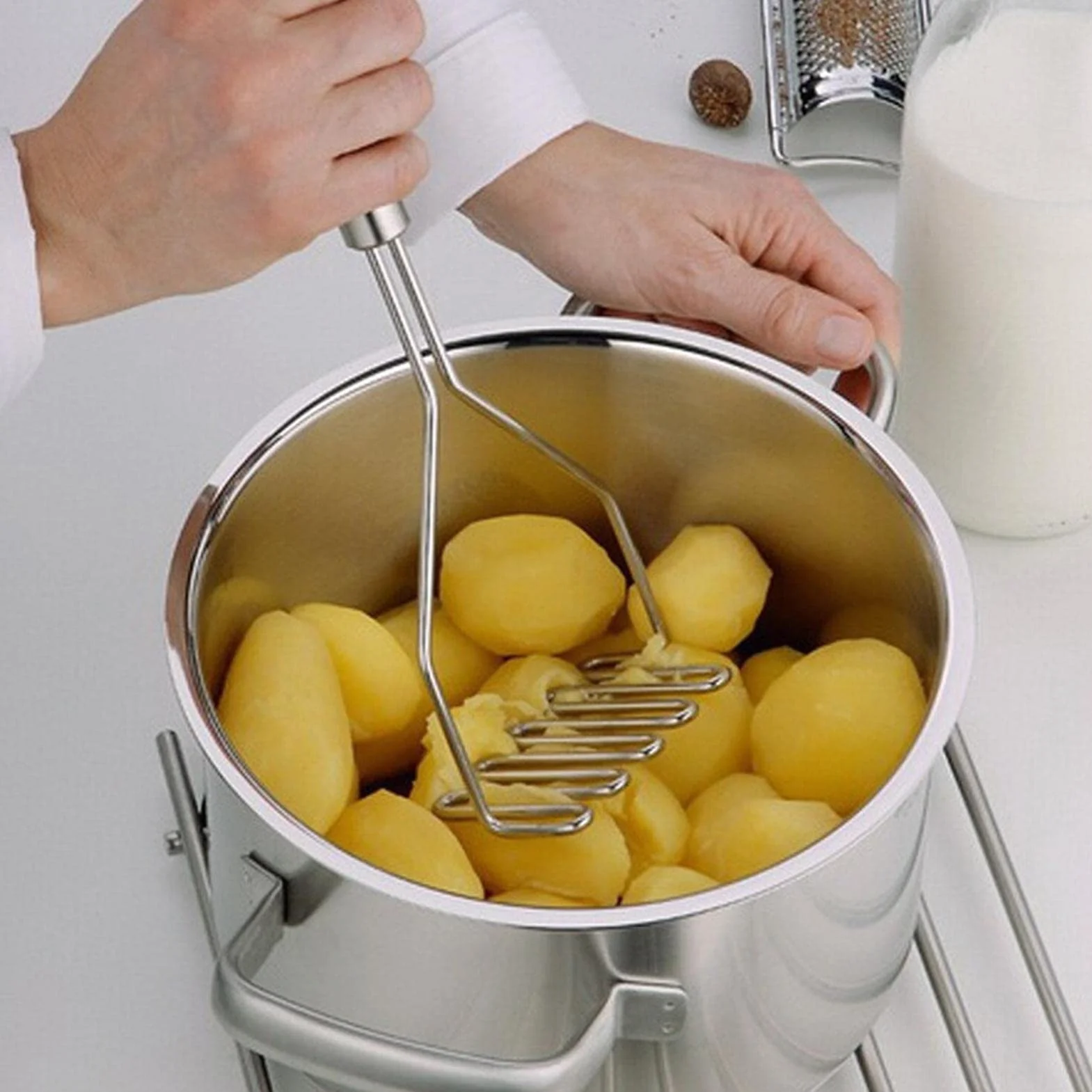 Pilon à pommes de terre en acier inoxydable – Ustensile pour purée de pommes de terre, haricots, avocats, œufs