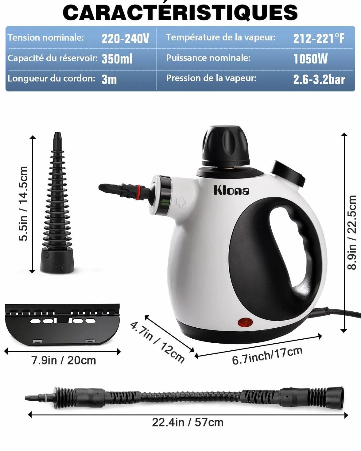 KLONA Nettoyeur à vapeur portatif multi-usage avec 10 accessoires