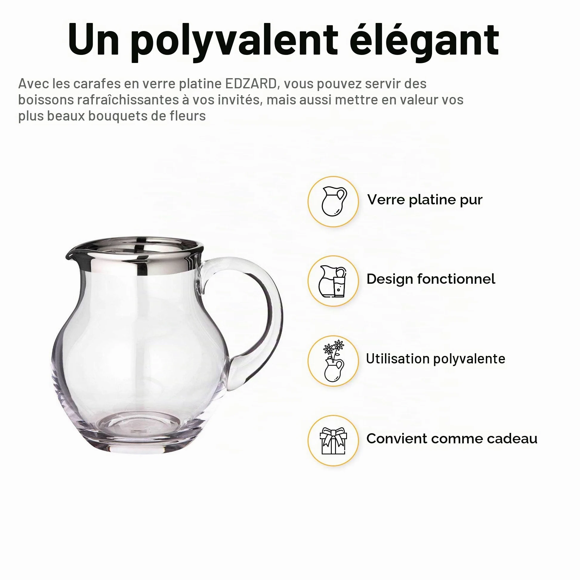 EDZARD Carafe en verre Olivia, verseuse en cristal fin avec bordure en platine, volume de remplissage 1,0 litre, hauteur 16 cm