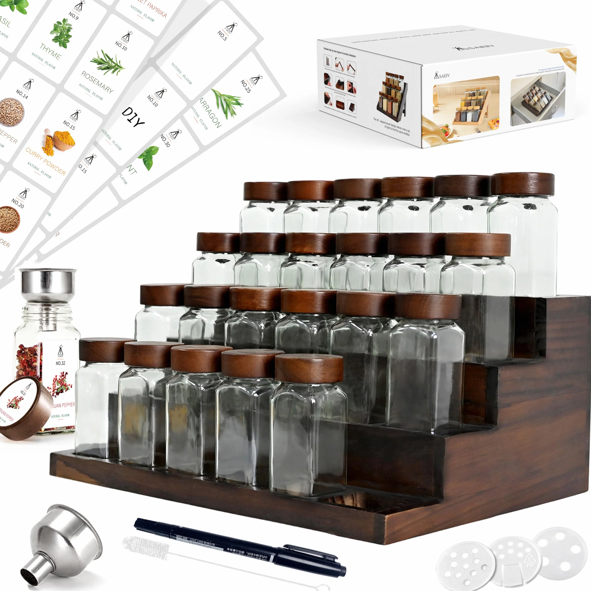 Pot à Épices Verre Couvercles Acacia 24 Pièces, Bocaux Borosilicaté Sans BPA, Porte-Épices Hermétique, Rangement Cuisine