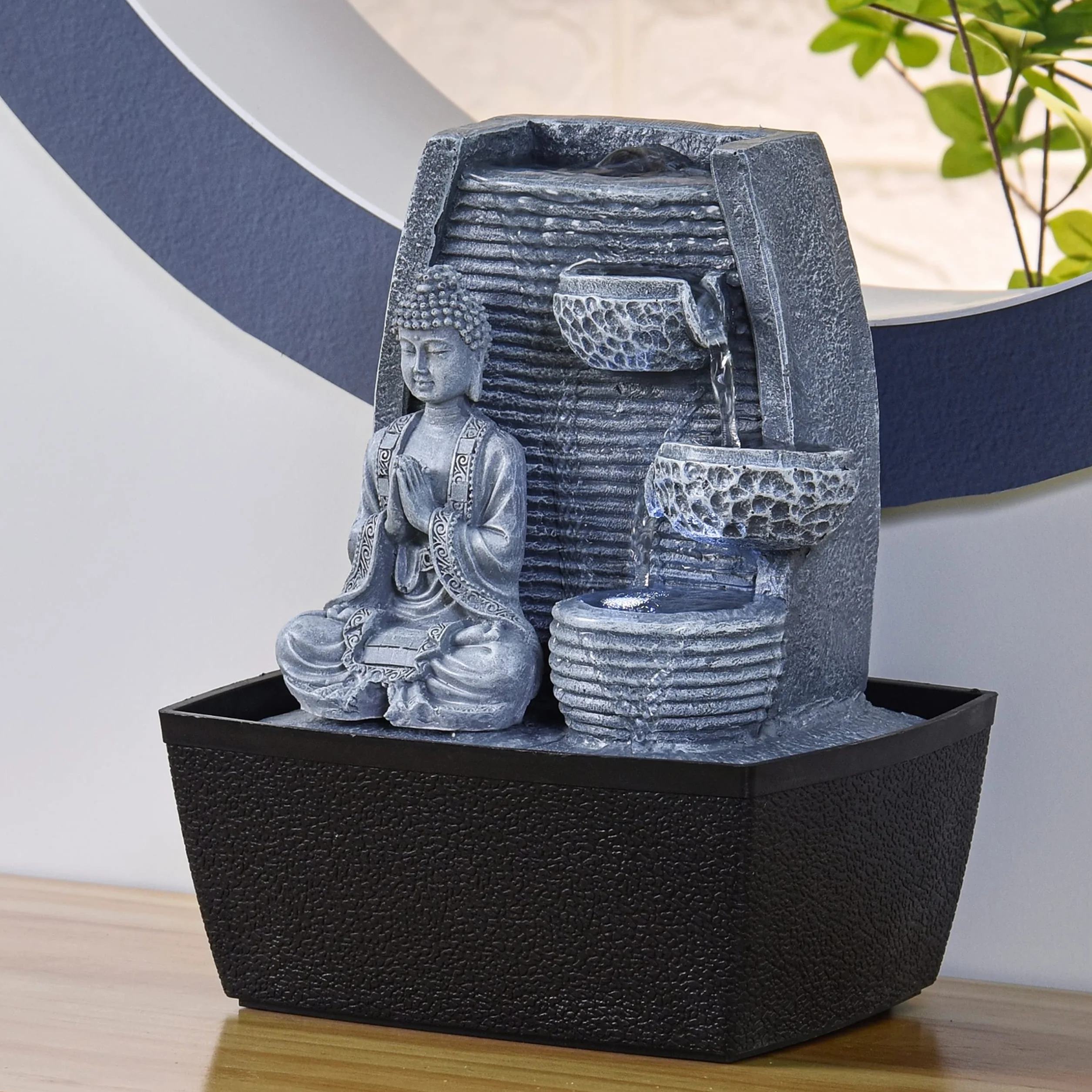 Fontaine d'Intérieur Mur d'Eau Cascade Statue Bouddha Amovible Lumière LED Blanc Circuit fermé H 26cm Décoration Zen Sagesse Zen'Light