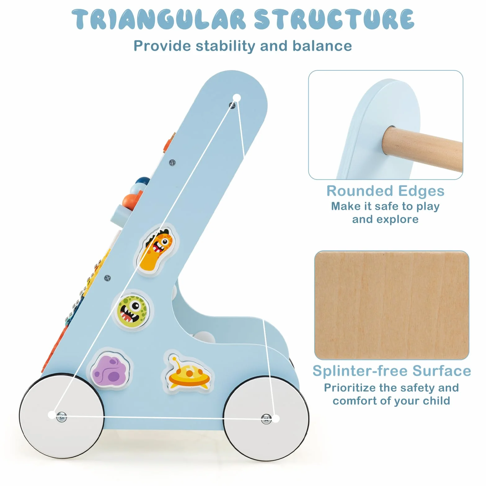 LIFEZEAL Chariot de Marche Bébé en Bois, Trotteur Evolutif 8 en 1, Centre d'activité avec Xylophone en métal, Jouet éducatif, Marcheur pour Bebe 1+ an (bleu)