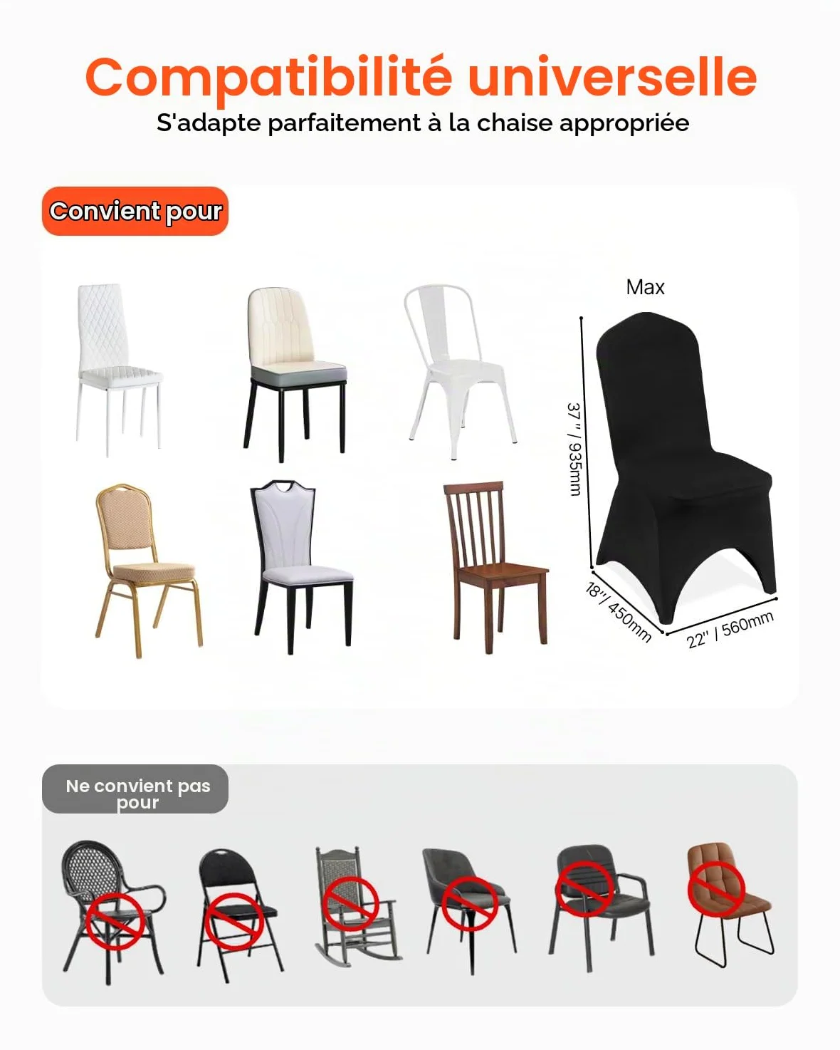VEVOR Housses de Chaise Pliantes en Élasthanne Élastique, Couverture de Chaise Avant Arquée Universelle, Amovibles et Lavables, pour Mariage, Banquet, Fête, Célébration, Salle à Manger 100PCs Noir