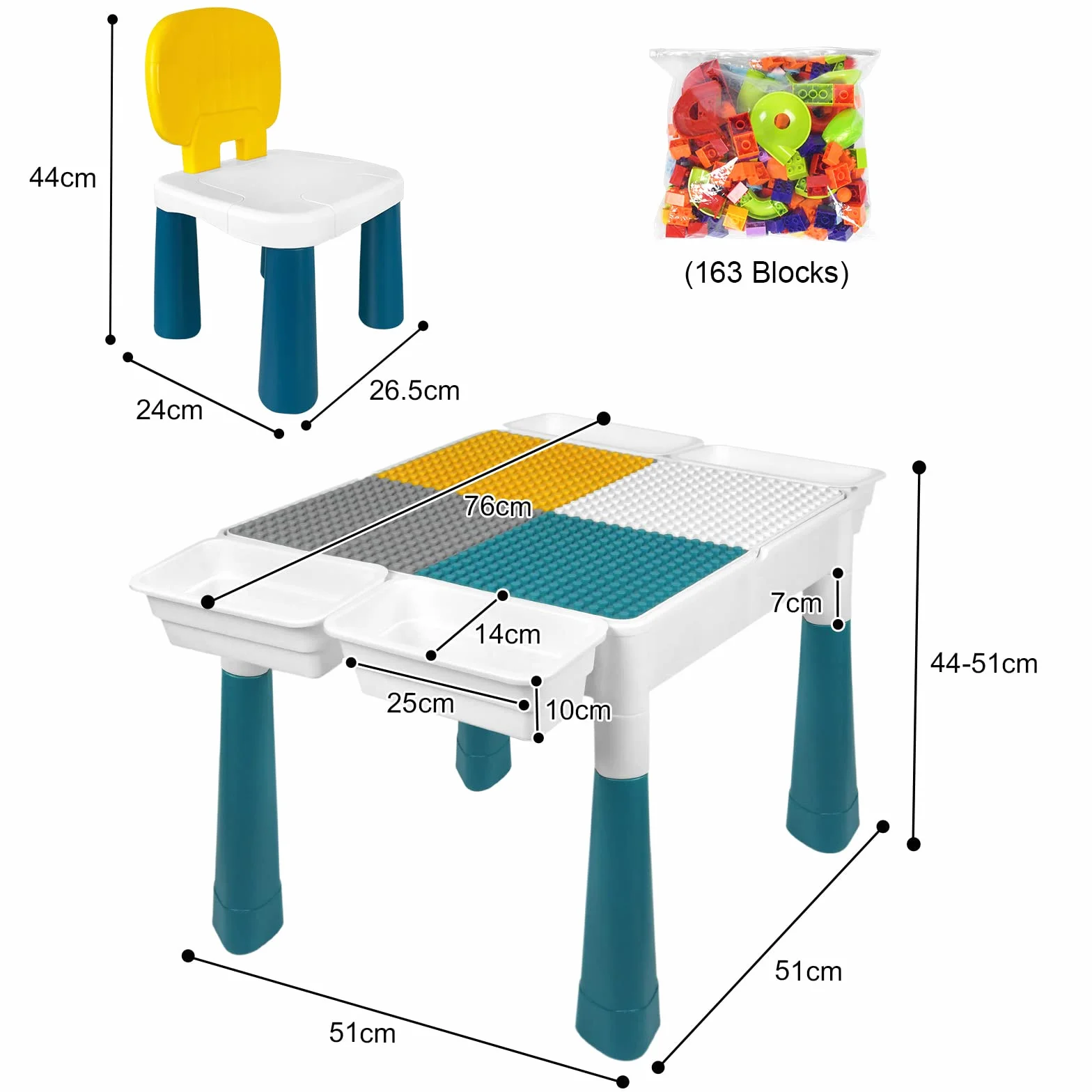 Table 6 en 1 pour enfant avec 2 chaises et 163 blocs de construction - Table d'activité multifonction plateau double face