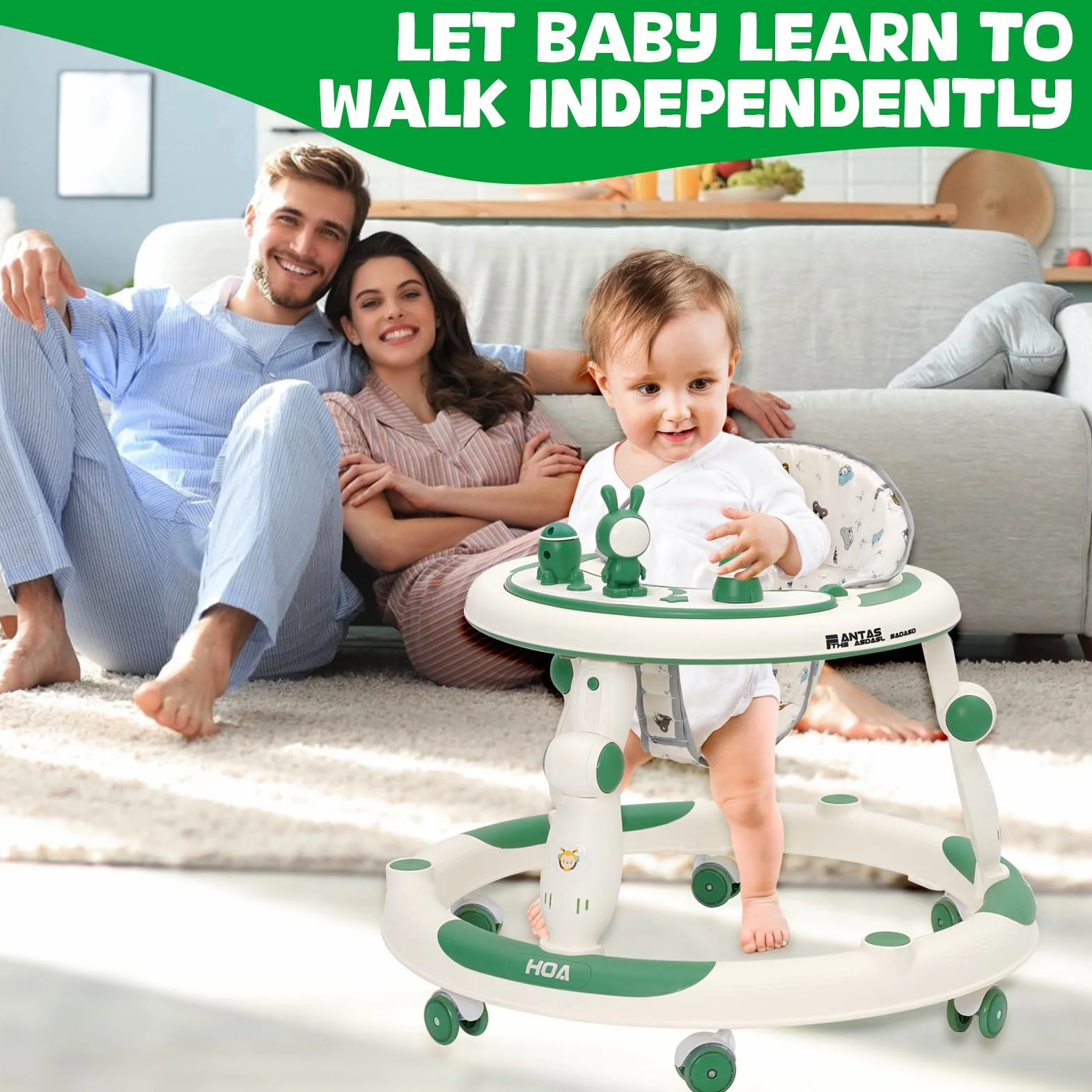Trotteur Bébé Evolutif 3en1, Jumper Bébé Roues Silencieuses 360°, Centre de Jeux, Table à Manger, Réglable Hauteur, Pliable, Vert