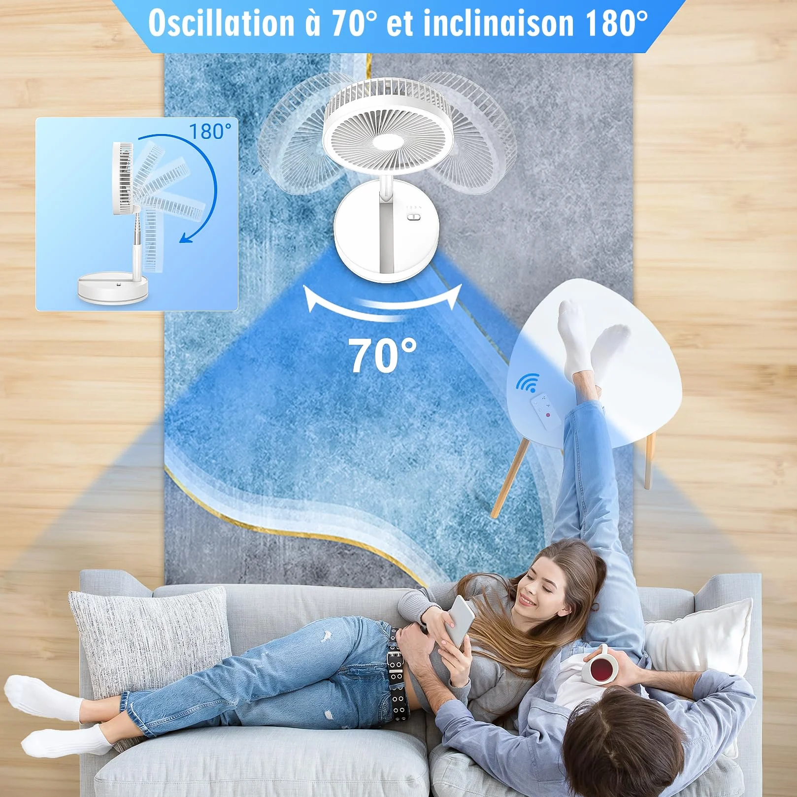 Ventilateur sur Pied Silencieux 8.6" Portable Pliable 4 Vitesses Timer 8000mAh USB Rechargeable pour Chambre Bureau