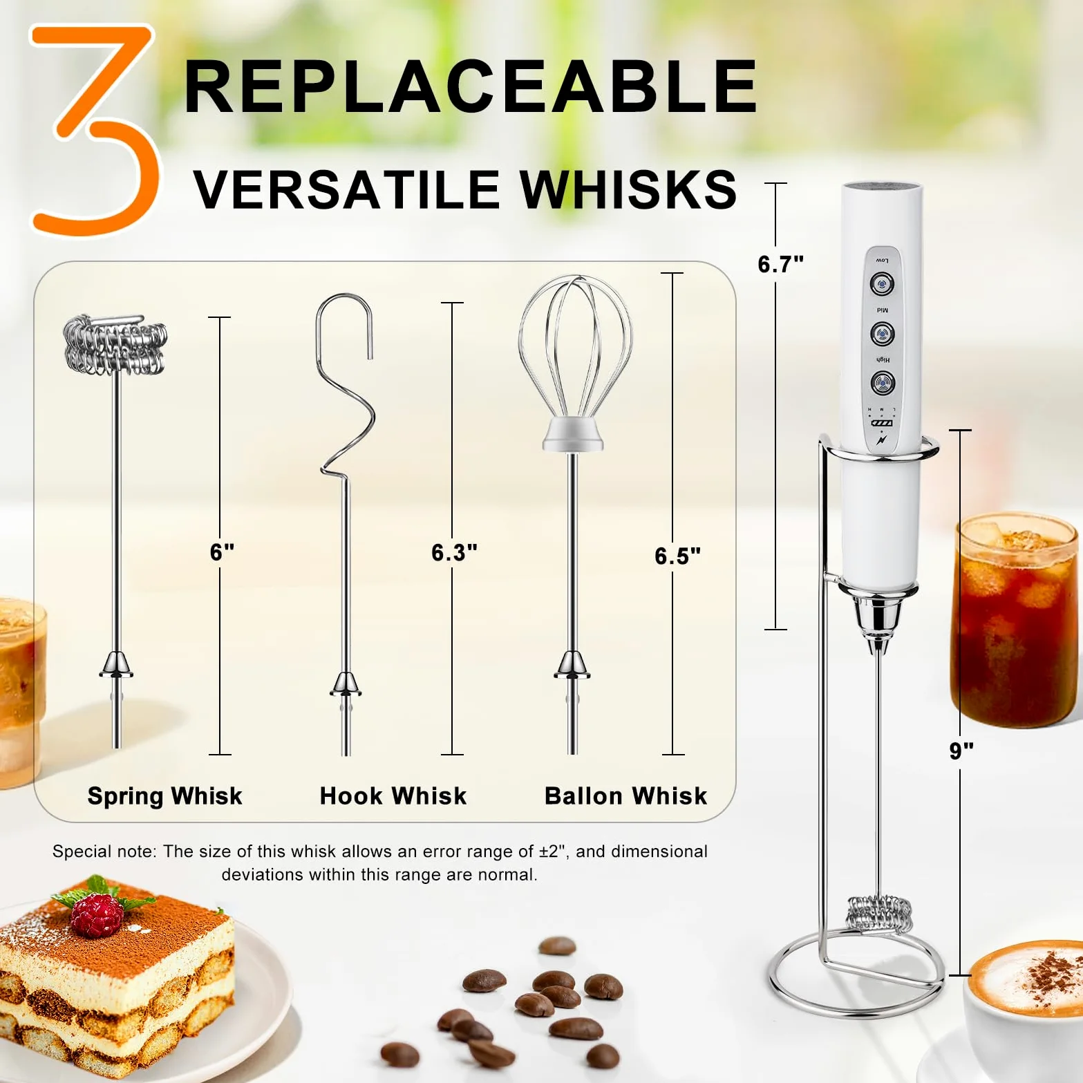 YUSWKO Mousseur à lait rechargeable pour café avec support, mélangeur portatif avec 3 têtes, 3 vitesses, agitateurs électriques pour latte, cappuccino, chocolat chaud, œuf – Blanc