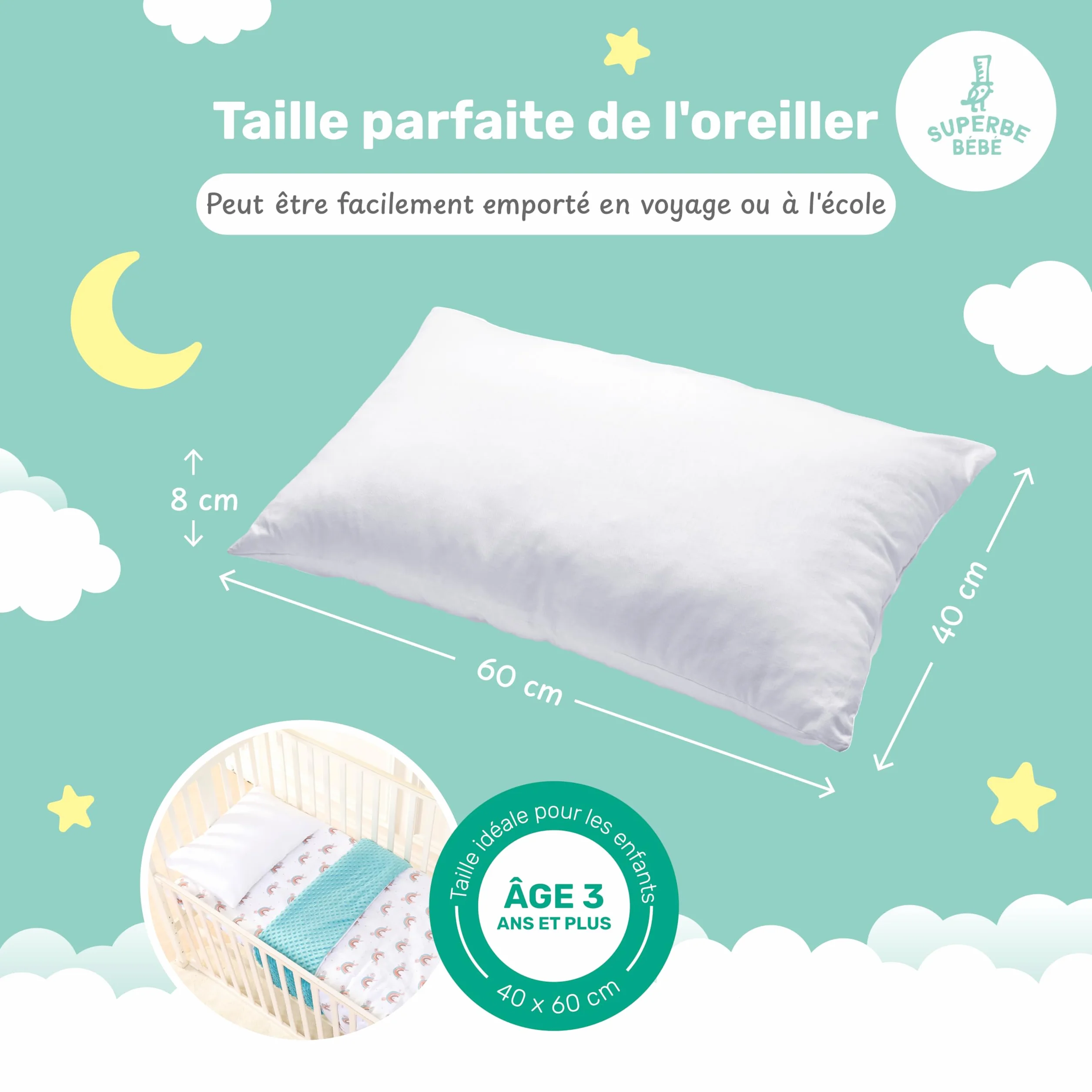 Oreiller Enfant 40x60 cm Coton Oeko-TEX Coussin Bebe Hypoallergénique Lavable en Machine