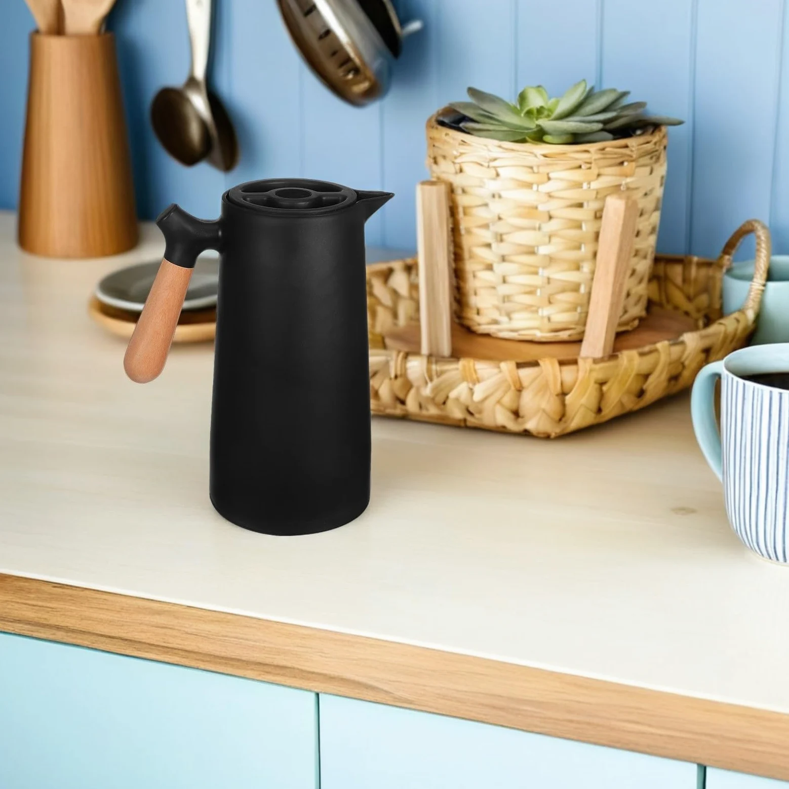 BESPORTBLE Bouteille Isotherme 1l Doublure en Verre et Coque Plastique, Poignée en Bois Élégante, Isolation Thermique sans Odeur pour Bureau et Maison