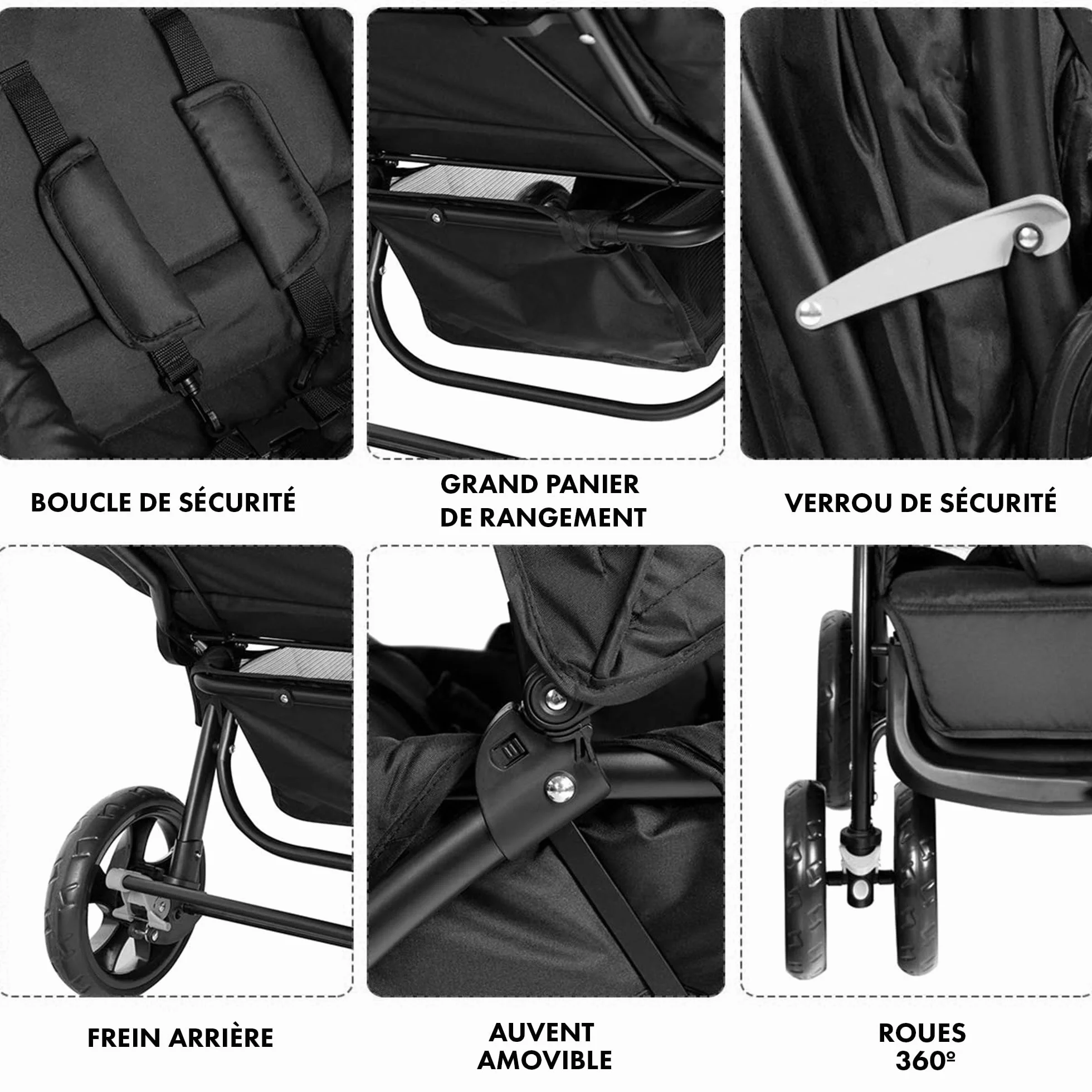 Poussette Duo Tandem pour Enfants Deryan Elena Double Duett avec Harnais 5 points Ajustable Noir