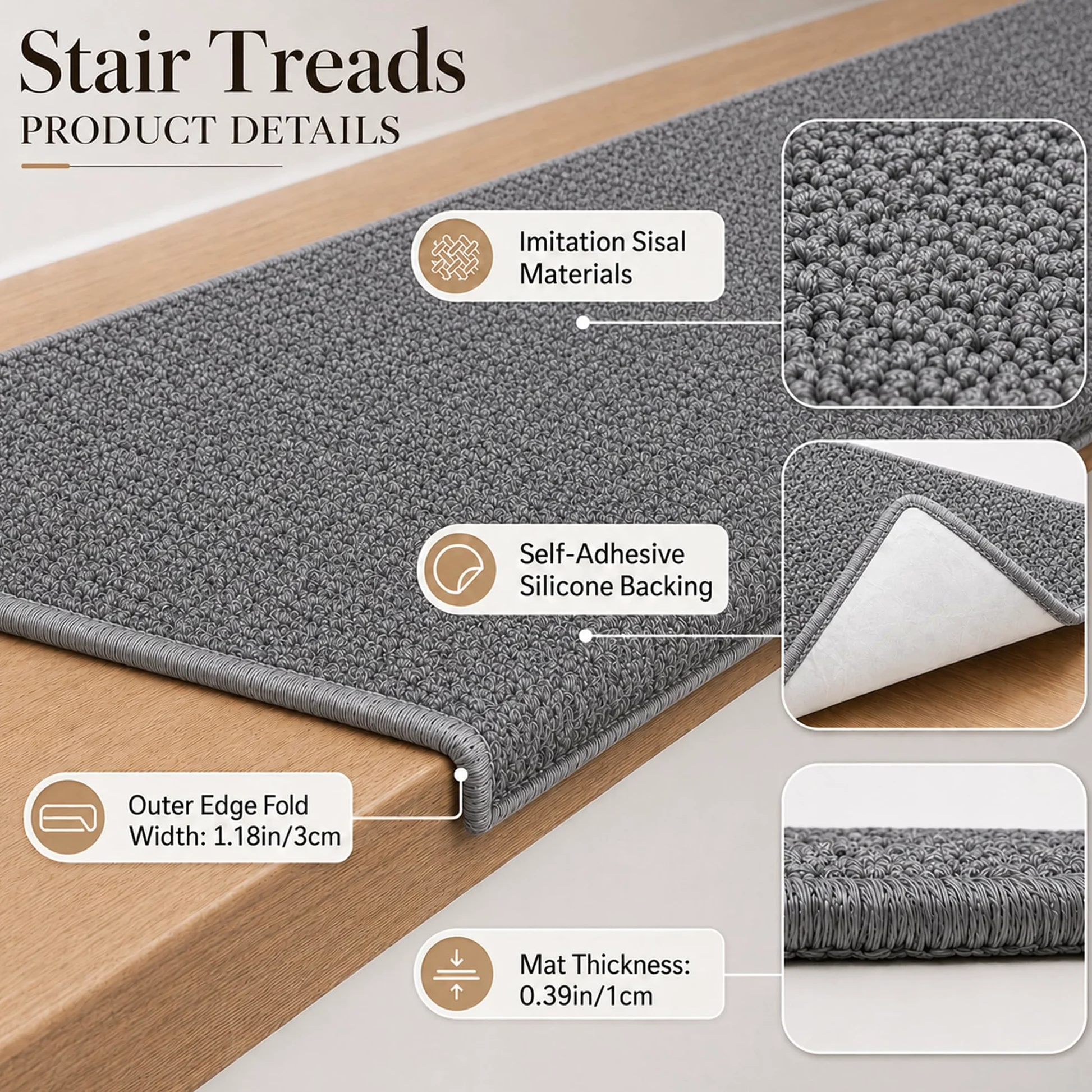 4 Pièces Tapis Antidérapants pour Escalier Tournant Auto-Adhésifs | Tapis doux avec dos adhésif. Idéal pour escaliers en bois ou colimaçon. Protège les marches et prévient les glissades.