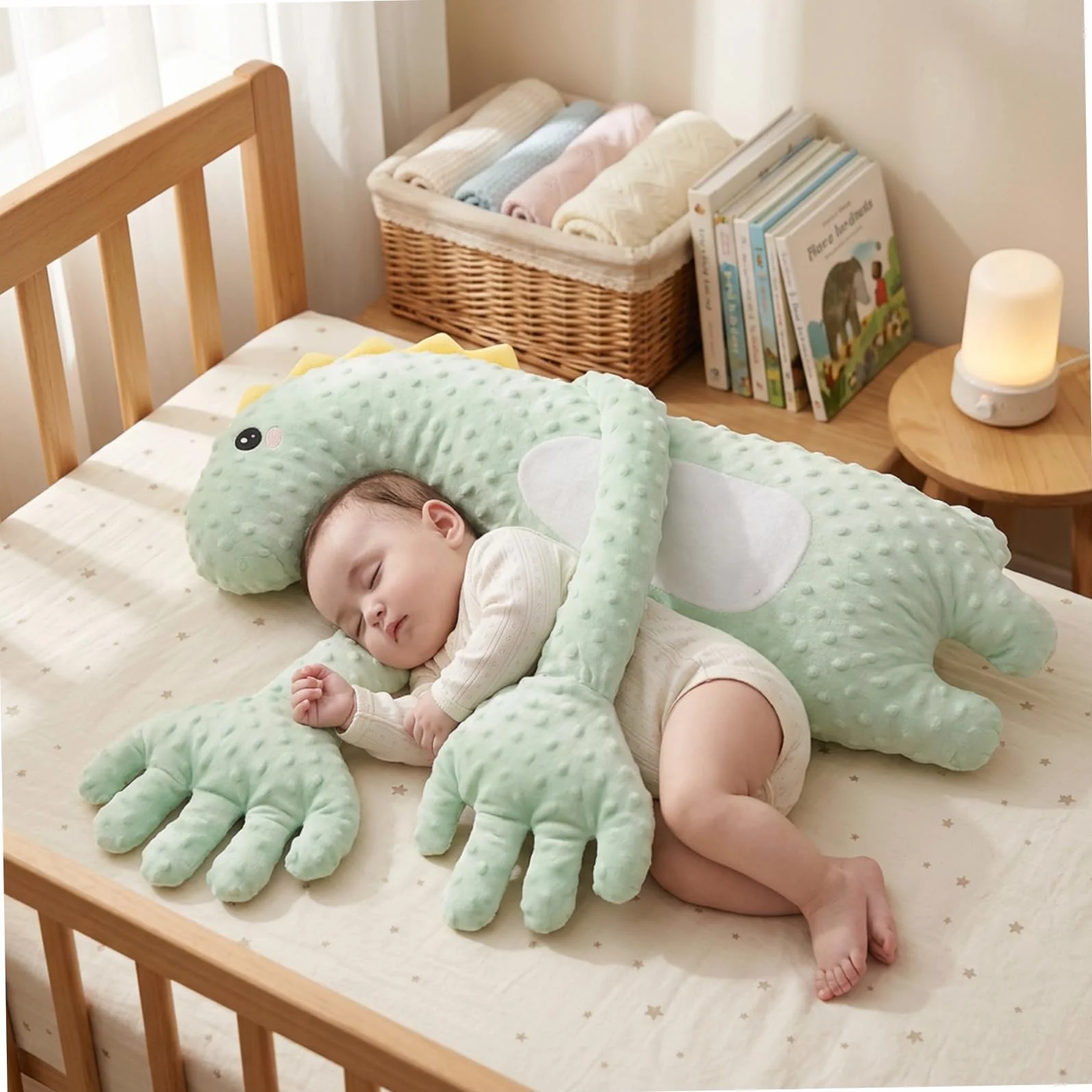 Tapoter la main pour le sommeil de bébé – Oreiller à tapoter pour bébé dinosaure vert, oreiller apaisant intelligent avec tapotements doux et minuterie, aide au sommeil portable pour nourrissons