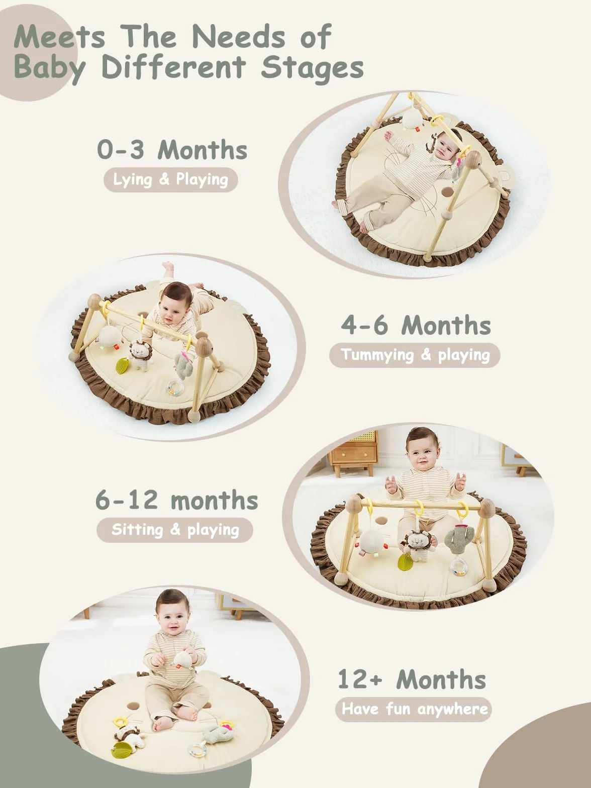 Tapis D'Eveil Bebe 4 en 1 Arche de Jeu en Bois Naturel 3 Peluches Amovibles Développement Visuel Auditif Tactile Cognitif 0-36 Mois Cadeau de Naissance