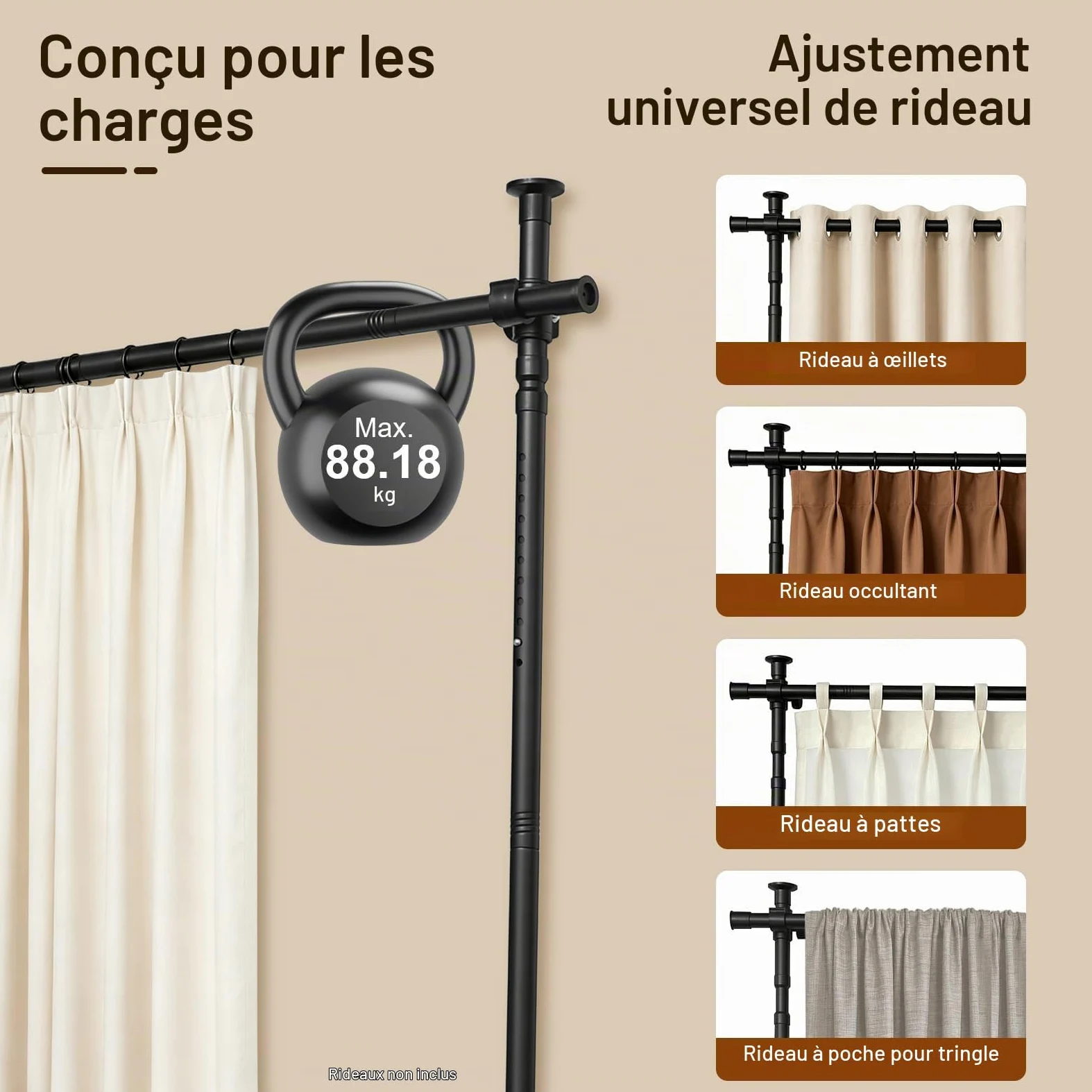 Barre de Séparation Pièce sans Perçage – Tringle Rideau Télescopique Réglable en Hauteur 1,5 m à 3,5 m, Support Mural Autoportant pour Cloison Amovible, idéal Locataires