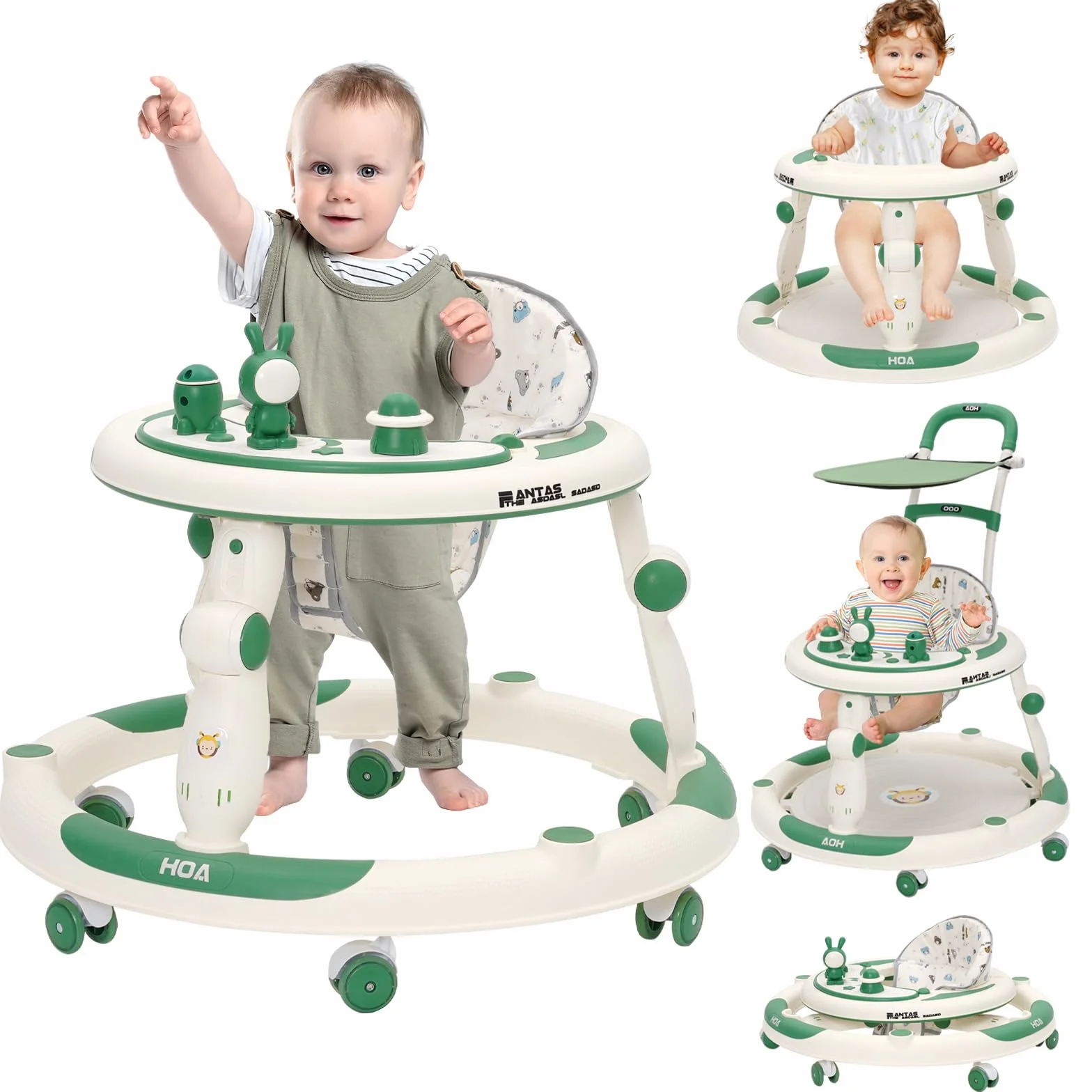 Trotteur Bébé Evolutif 3en1, Jumper Bébé Roues Silencieuses 360°, Centre de Jeux, Table à Manger, Réglable Hauteur, Pliable, Vert