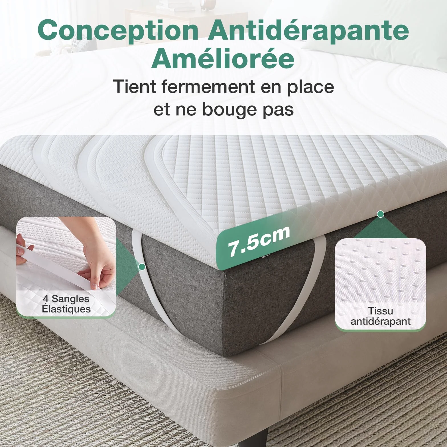 Novilla Surmatelas 140x190 7.5CM Mousse à Mémoire de Forme Gel Antidérapant Lavable