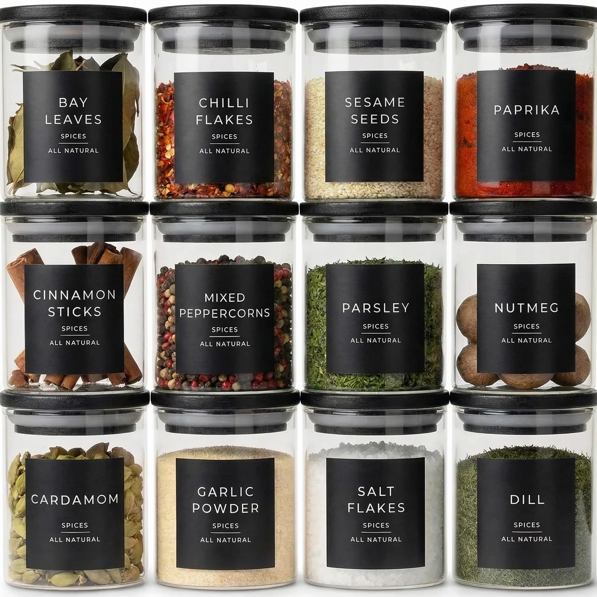 Livabl Lot de 12 pots à épices en verre avec couvercles en bambou et étiquettes