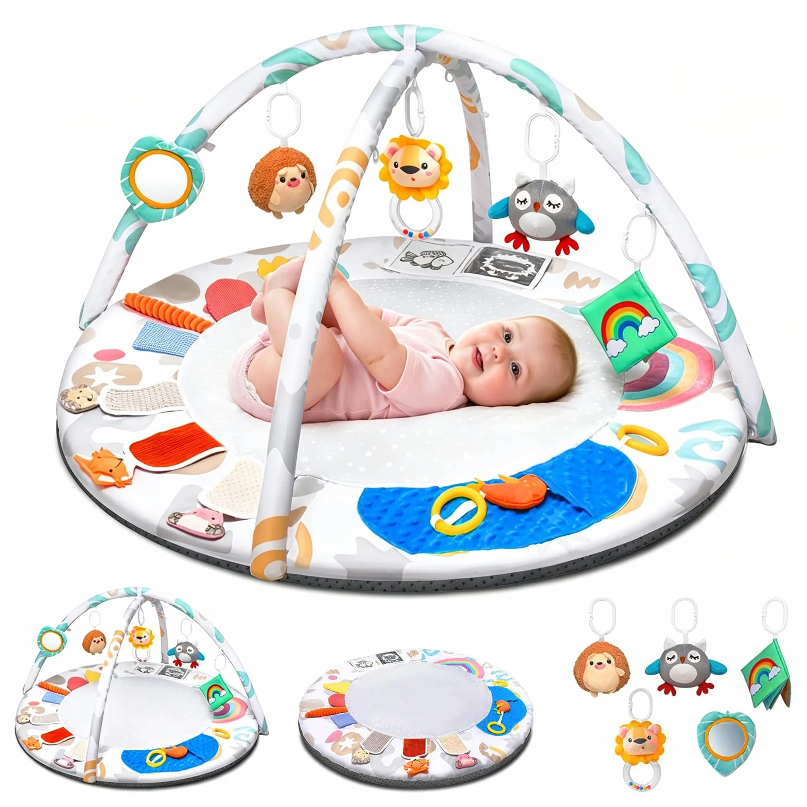 Tapis d'Éveil Bébé avec Arche Amovible, Jeux Sensoriels Montessori, 5 Jouets Suspendus 0-12 Mois