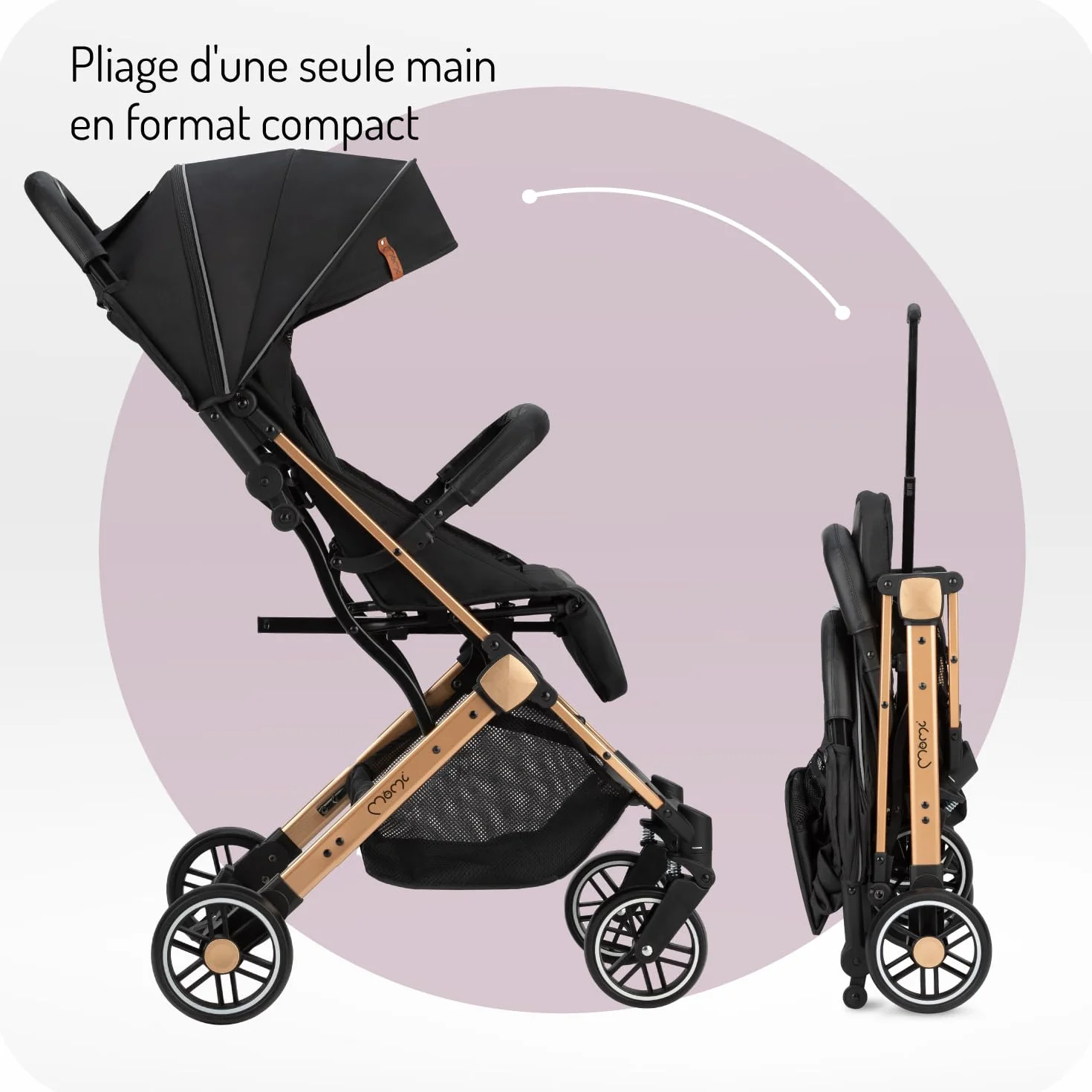 MoMi ESTELLE Poussette compacte légère pliable 6 mois 15 kg dossier inclinable repose-pieds réglable roues amorties grand panier harnais 5 points
