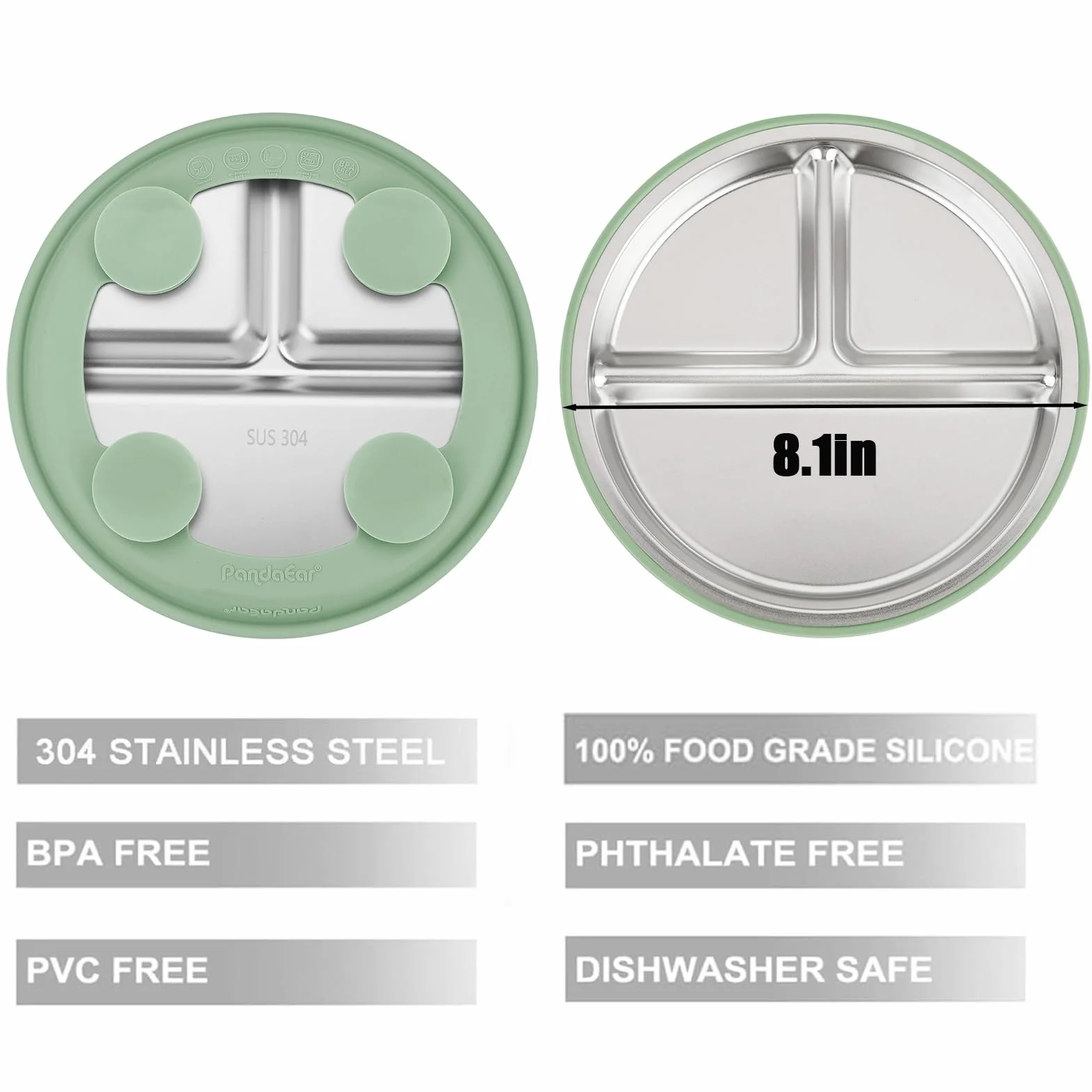 PandaEar Lot De 2 Assiettes Bébé En Acier Inoxydable Avec Ventouse Et 2 Cuillères, Set D’Alimentation Pour Bébé Et Tout-Petit, Assiettes Compartimentées Pour La DME, Sans BPA (Bleu/Vert)