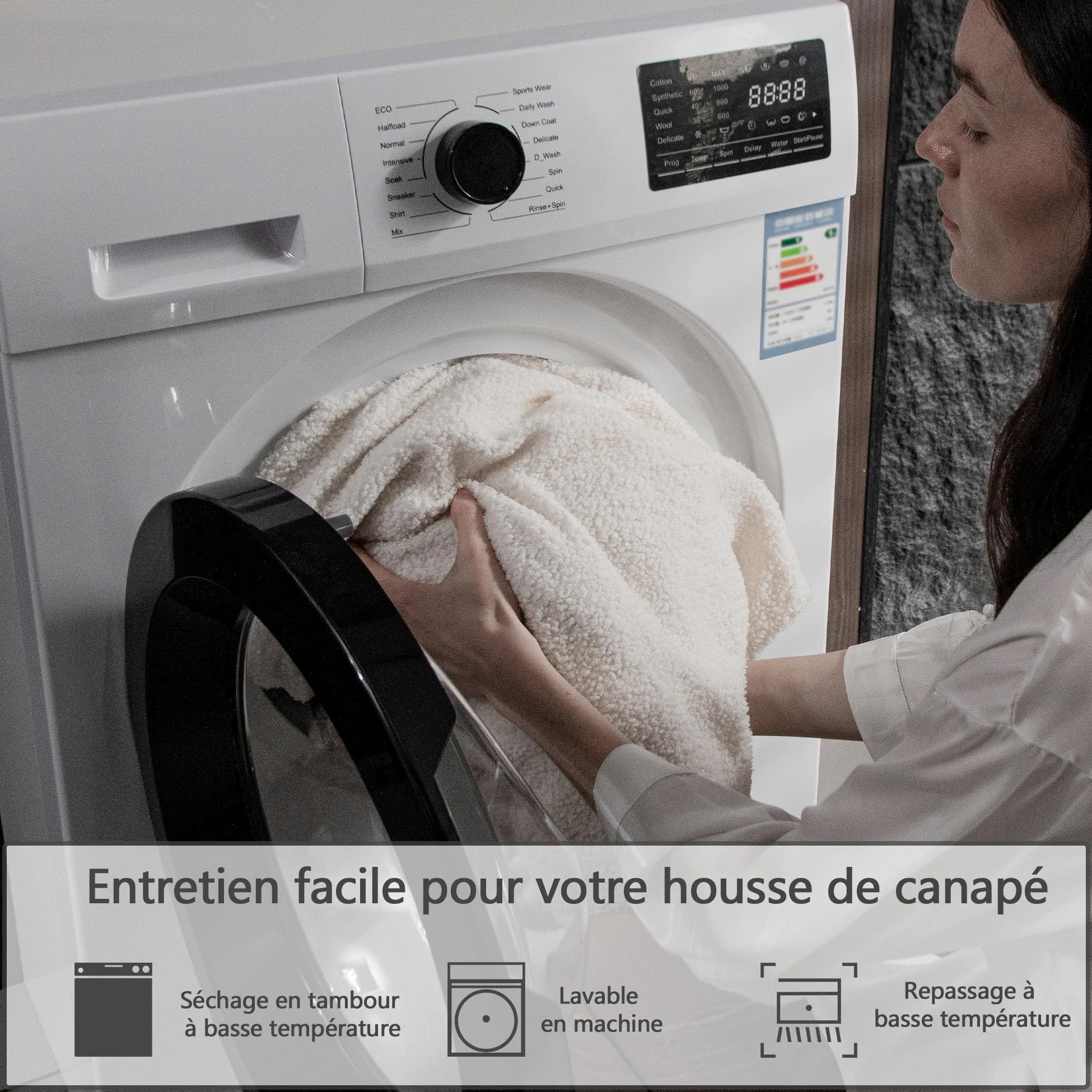 OHSIO Housse de canapé - Haute élasticité et antidérapante - Lavable et adaptée aux Animaux de Compagnie - Résistante - Ivoire - 2 Housses de siège S + 1 Housse de Chaise Longue