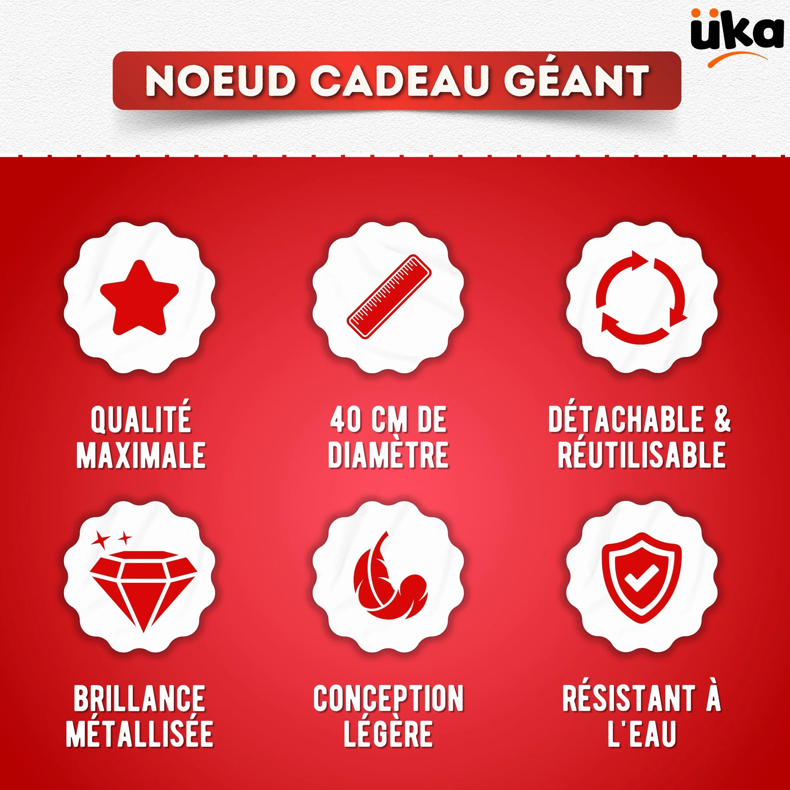 Noeud Cadeau Géant 40 cm Rouge Auto-assemblable Réutilisable pour Voitures Vélos