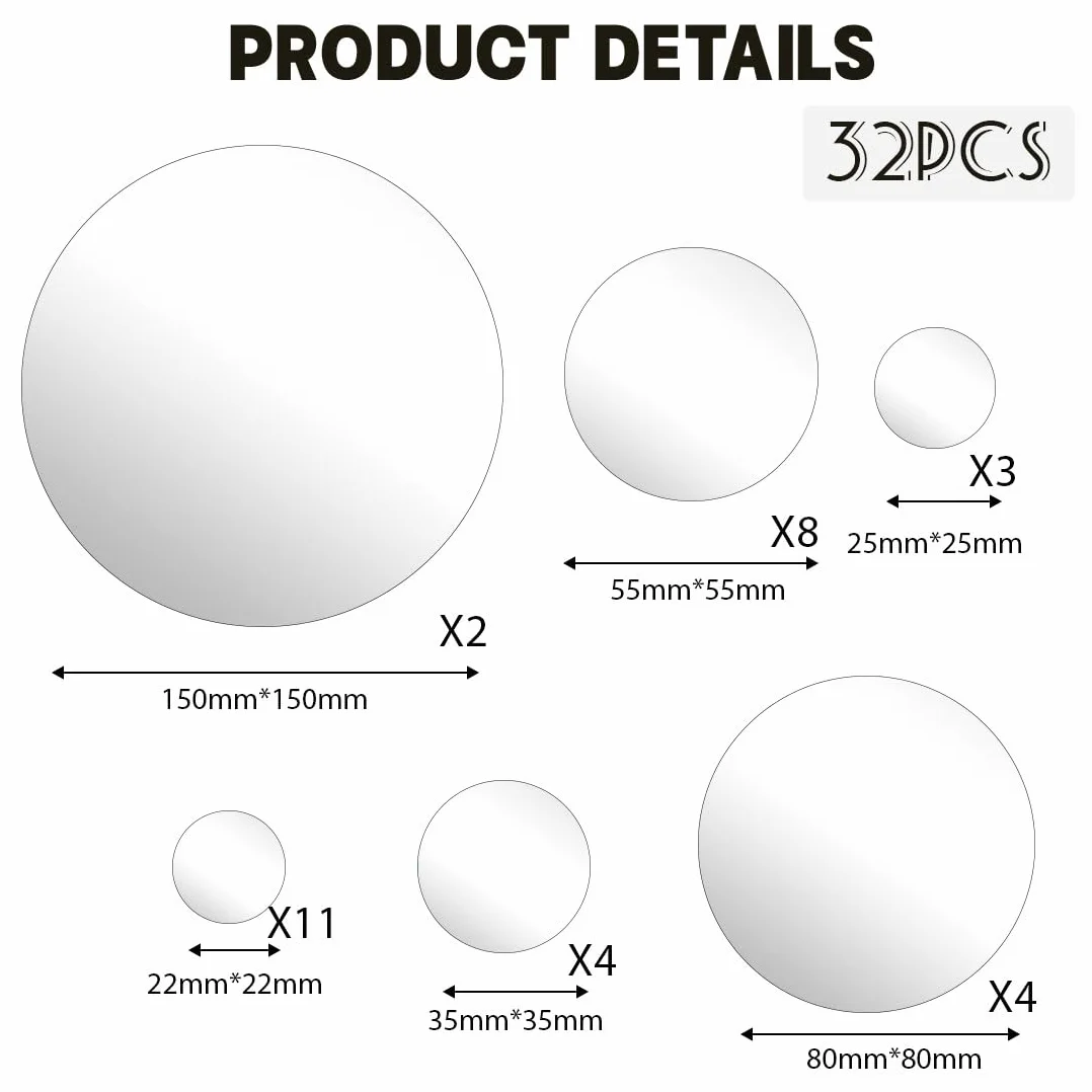 JEYORZY Lot de 32 miroirs autocollants muraux en acrylique ronds et flexibles pour salon, chambre à coucher