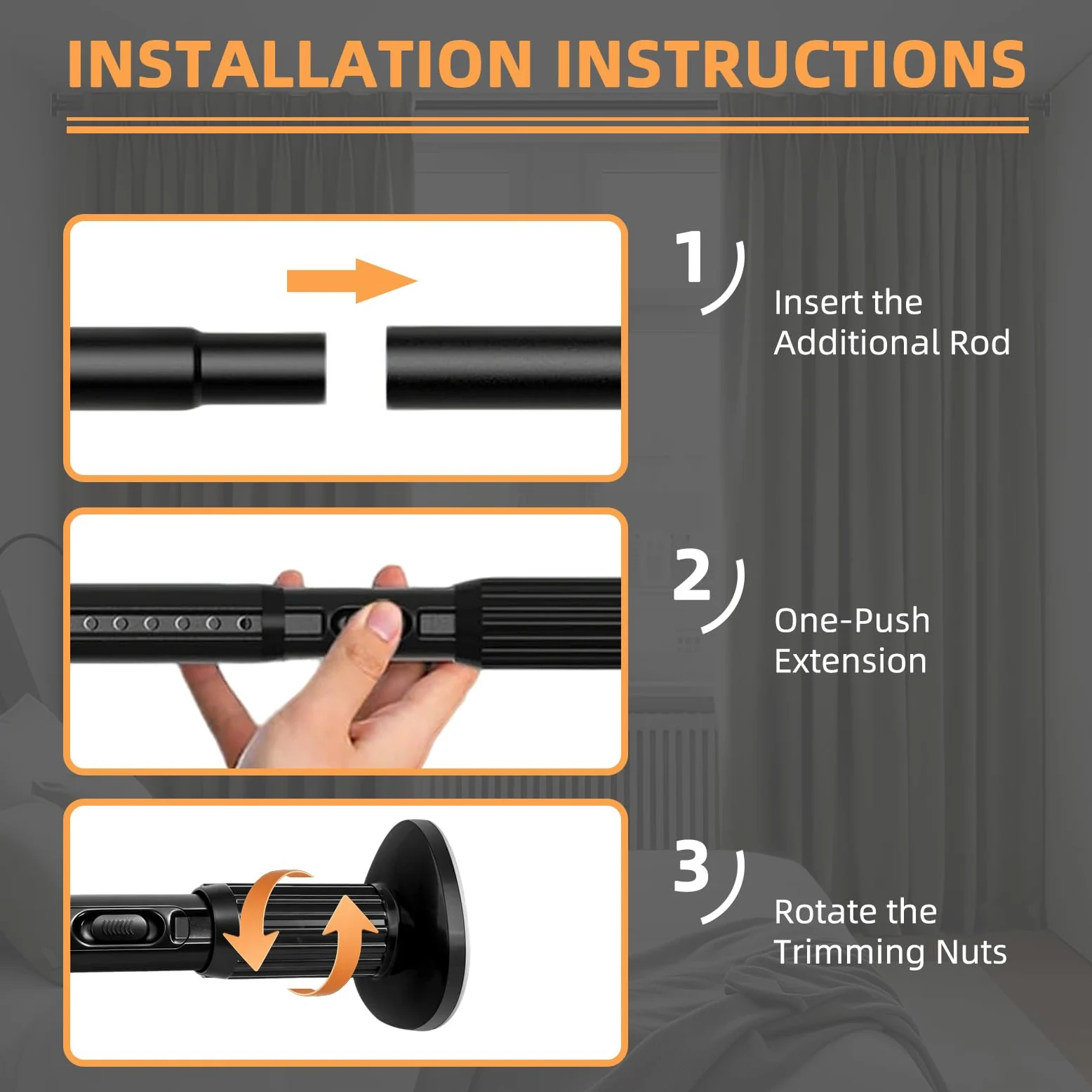 Tringle à rideau de douche de 75 à 115 cm, 32 mm, extensible, sans perçage, avec base antidérapante, 1 section télescopique pour salle de bain, chambre à coucher, séparateur de pièce, extérieur, noir