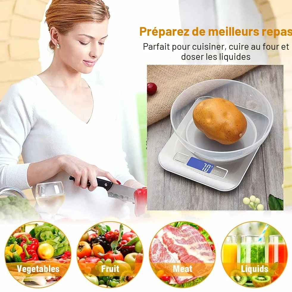 GRIFEMA GA2002 Balance de Cuisine Électronique 5000g/1g Acier Inoxydable Écran LCD