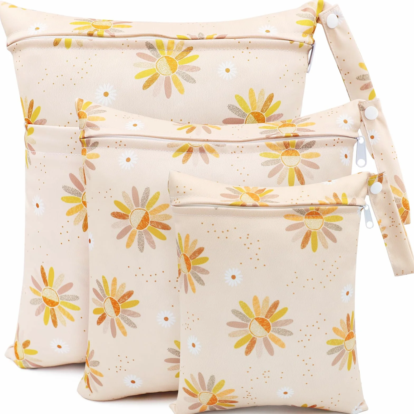Sac Couches Lavables 3 Pcs Réutilisable Wetbag Sachet Etanche Organisateur de Couche Accrochable (Fleur Jaune)