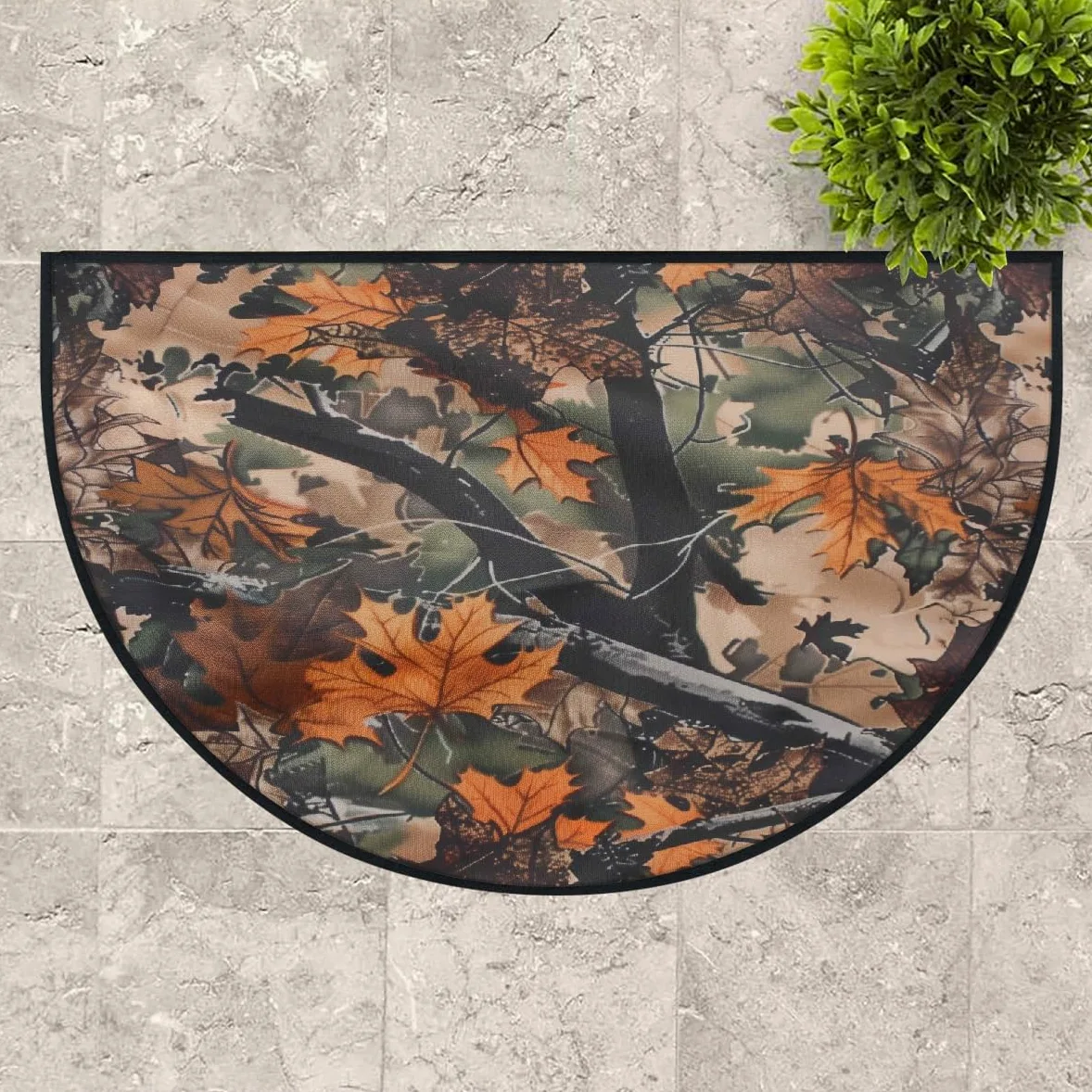 Mexpekil Paillasson demi-lune motif feuilles d'automne camouflage pour intérieur et extérieur, antidérapant, lavable, absorbant, anti-saleté, 100 x 160 cm