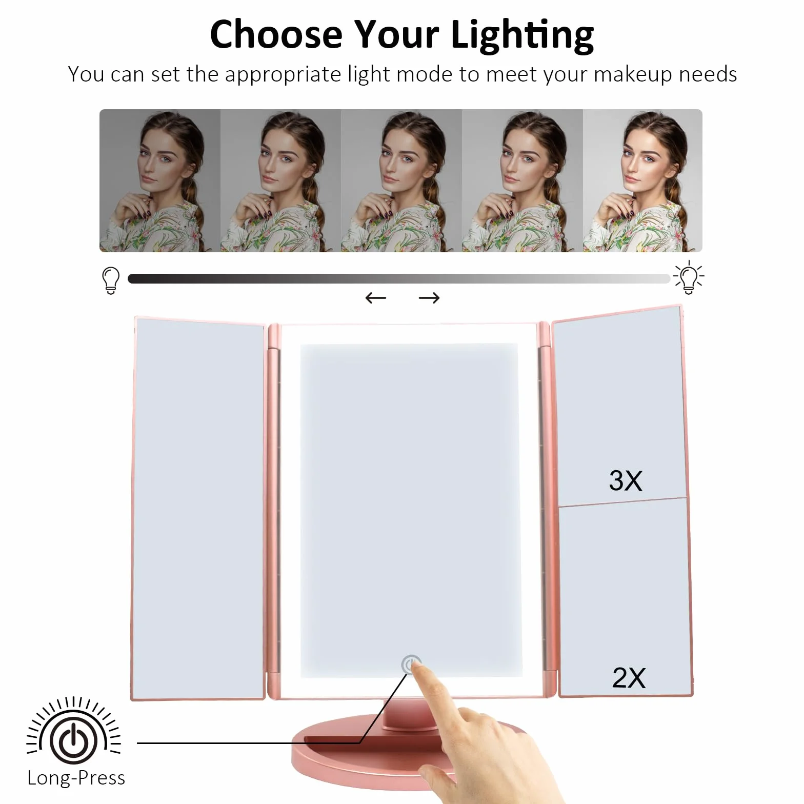 WEILY Miroir Maquillage Grossissant Lumineux LED Pliable 1X/2X/3X Écran Tactile USB Batterie Or Rose