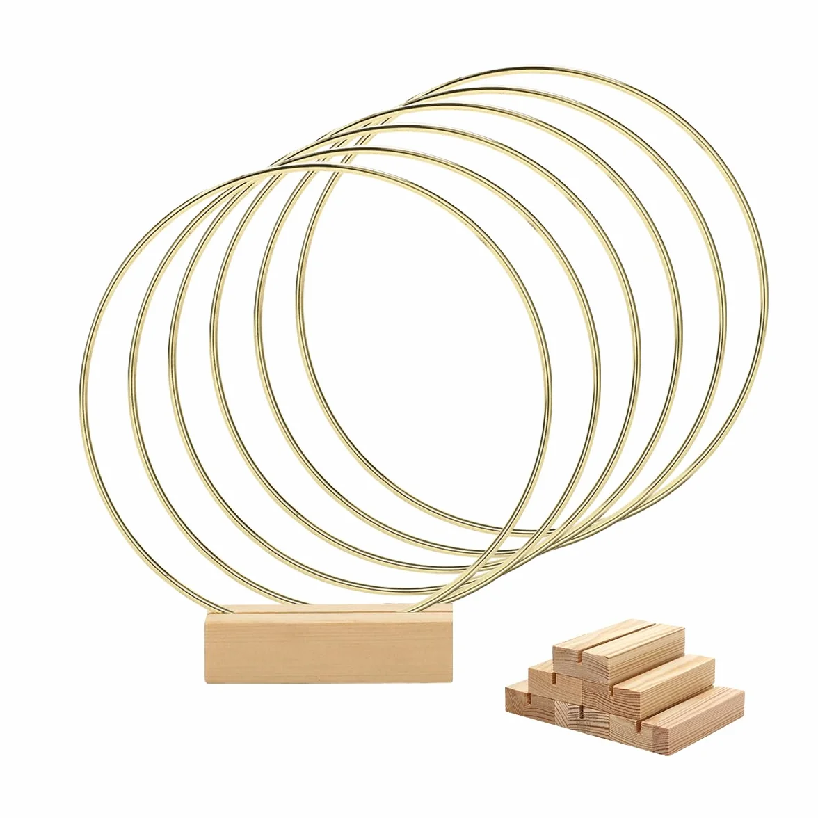 Lot de 6 centres de table en métal 20 cm avec support en bois, anneaux dorés pour décorations de mariage