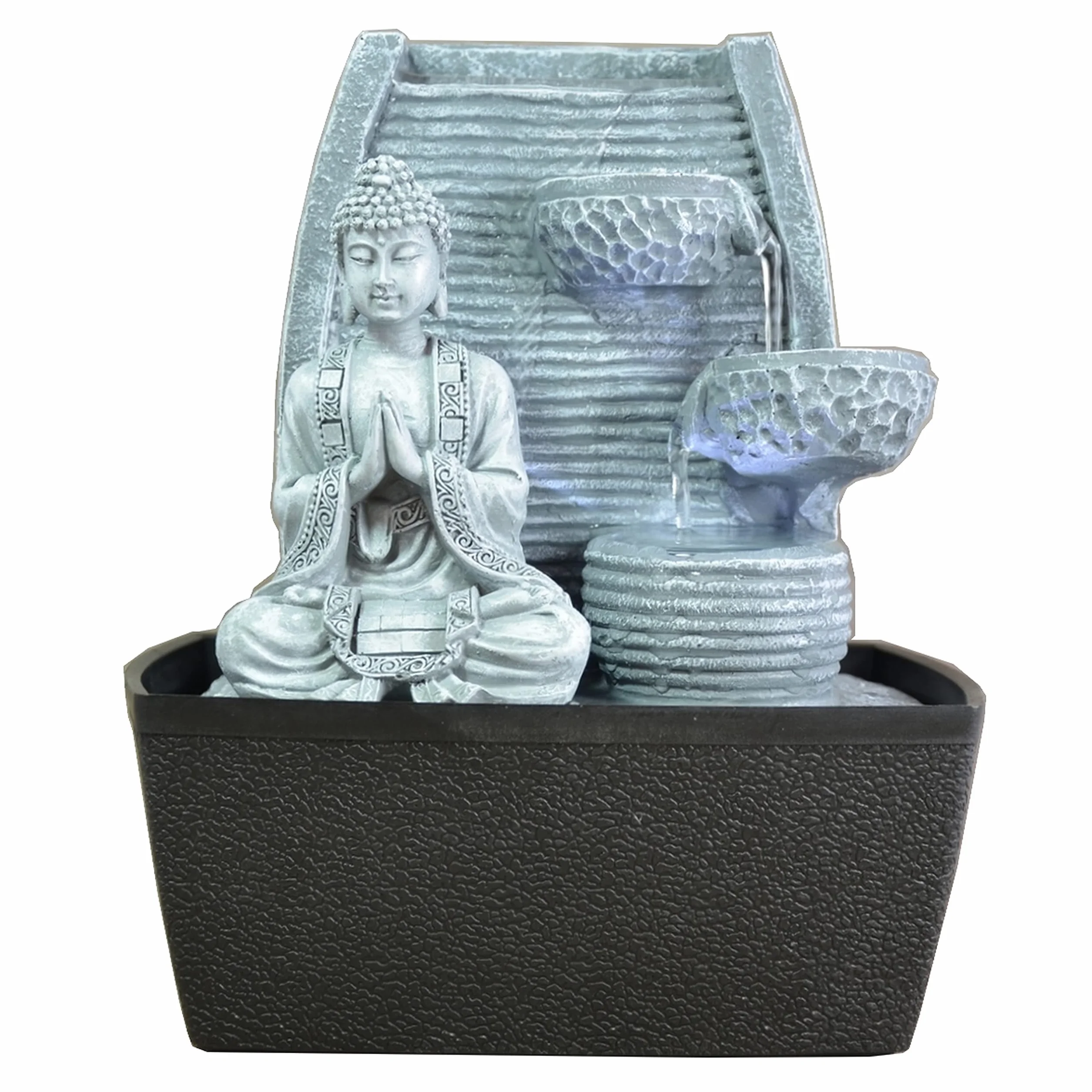 Fontaine d'Intérieur Mur d'Eau Cascade Statue Bouddha Amovible Lumière LED Blanc Circuit fermé H 26cm Décoration Zen Sagesse Zen'Light