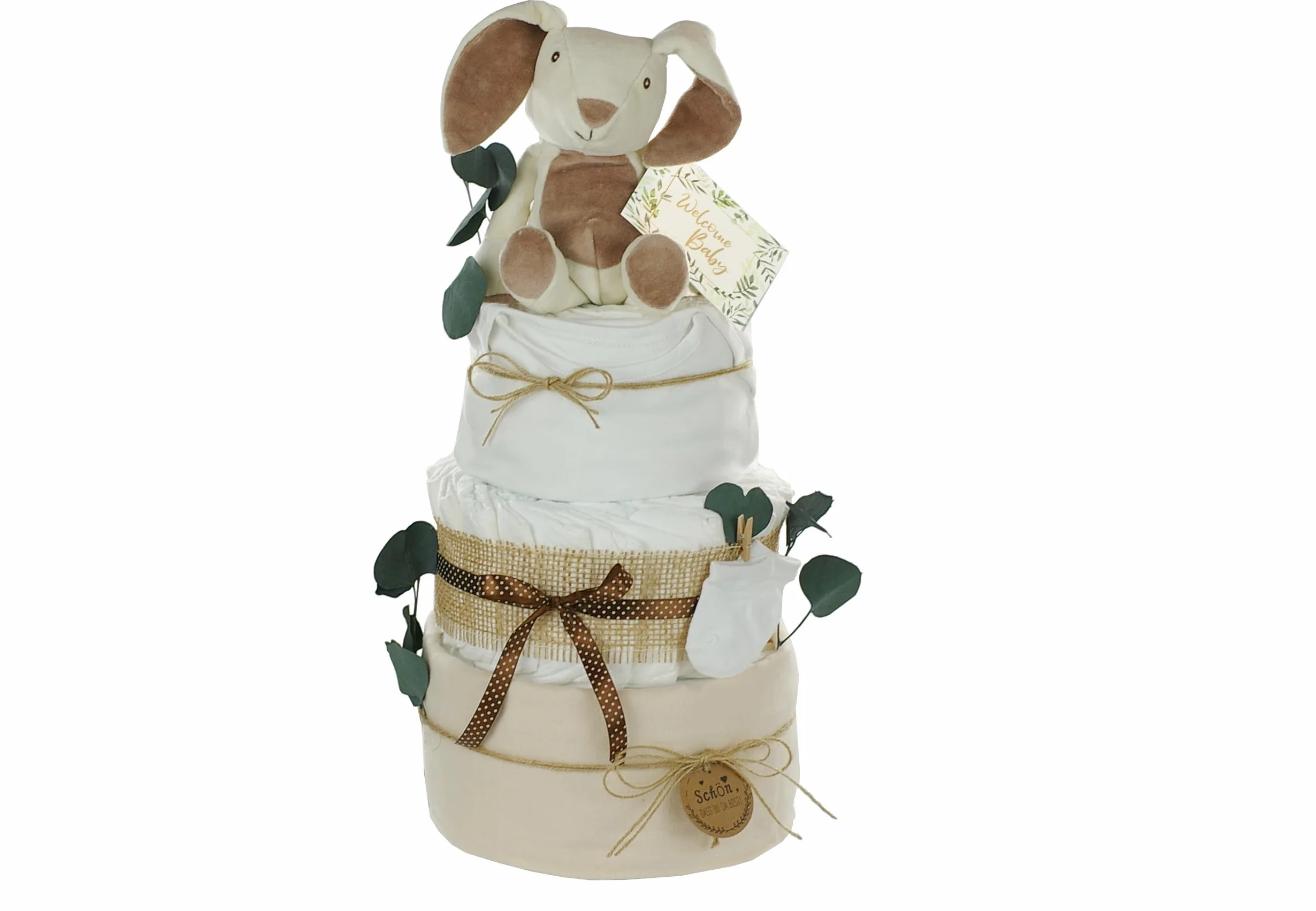 Gâteau de couches neutre lapin douillet personnalisable 4 étages crème naturel