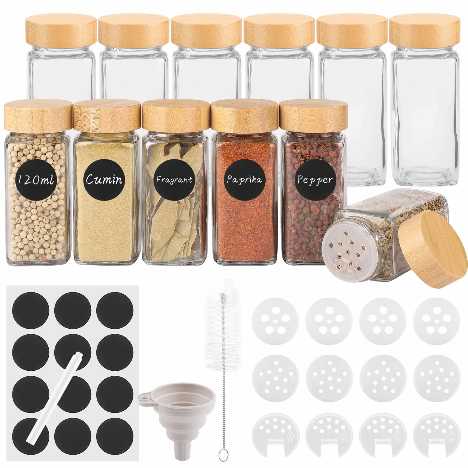 Withosent Lot de 12 pots à épices carrés 120 ml avec capuchon à visser, en verre, avec saupoudrer, étiquettes, entonnoir, brosse